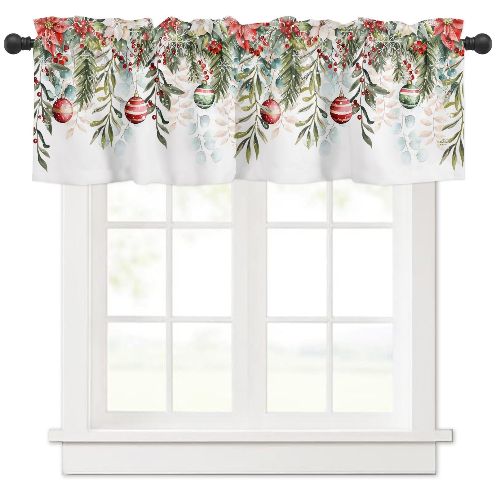 Christmas Eucalyptus Leaves Valances for Windows,Light Filtering Thermal Insulated Windows Curtains Decoration Xmas Poinsettia Flower Valance Curtains for Kitchen Bedroom Living Kid Room Decor 60x18in