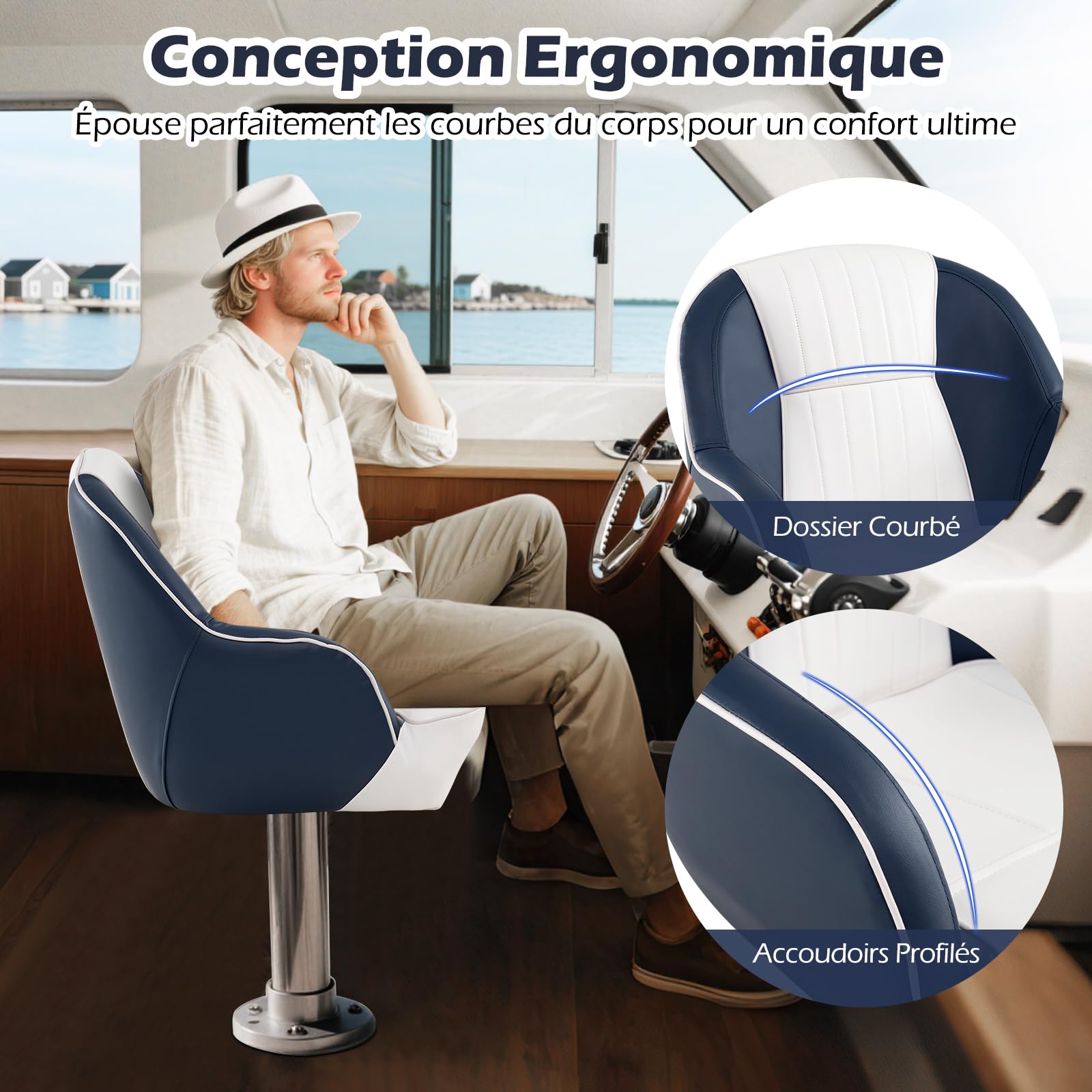 GOPLUS Siège de Bateau, Siège de Pilot avec Dossier, Chaise Pilotage Recouverte Cuir Artificiel et Rembourrée en Mousse, Design Ergonomique, pour Pêche, Yacht, Charge 150KG (Bleu,58x54,5x49 CM)