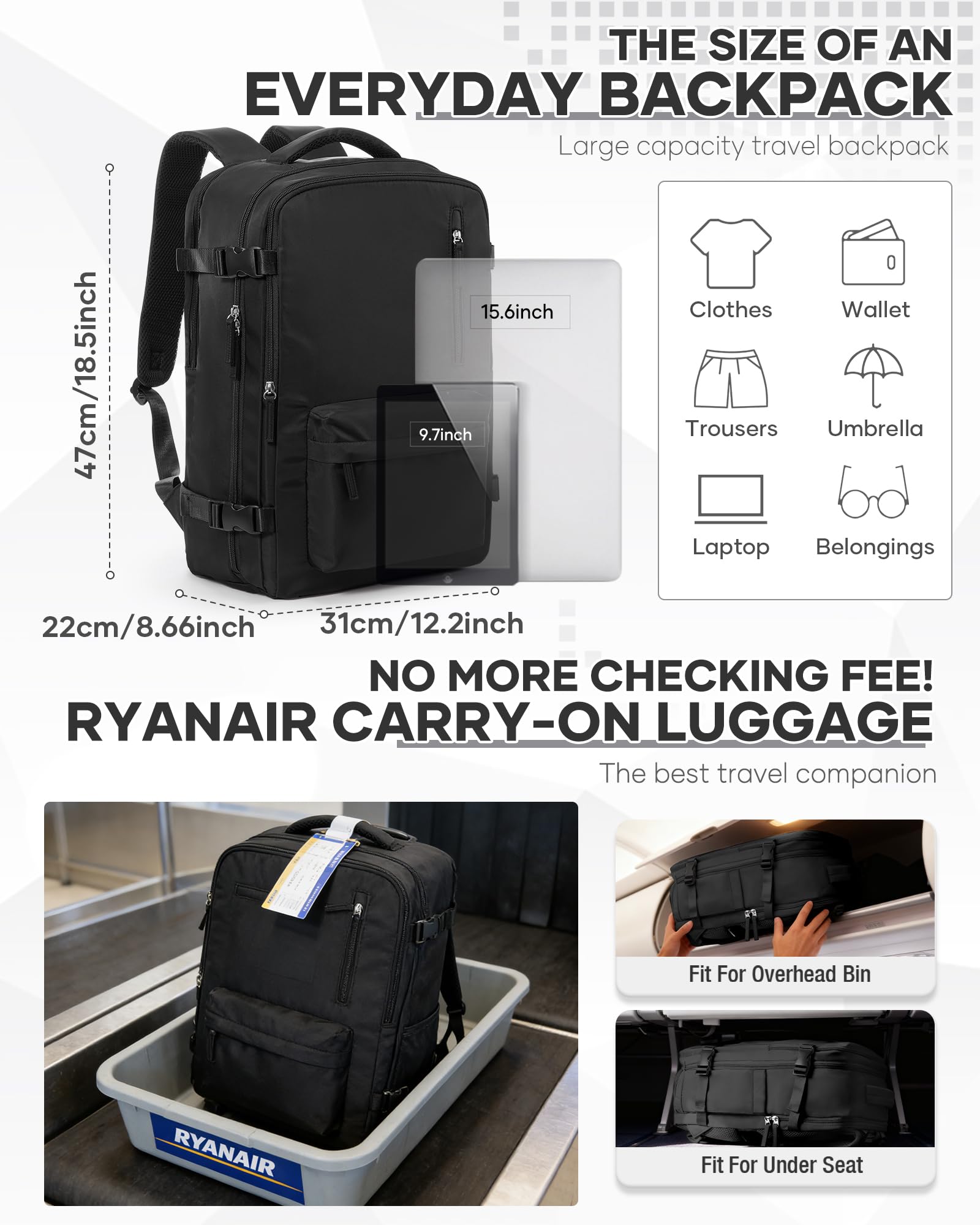 SZSYCN Vacuum Backpack Travel Bag With Pump Ryanair Cabin Bags 40x30x20 Underseat Ryan Air Hand Luggage 40 x 20 x 25 Carry On Baggage For Flights Backpack With Compression System — view 3