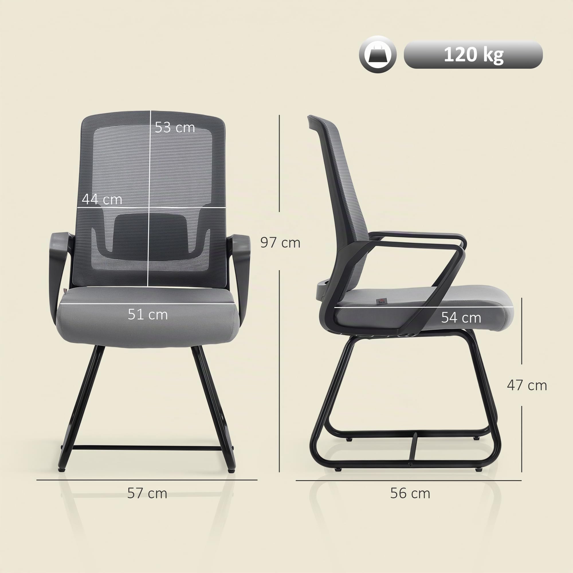 HOMCOM Sedia Ufficio Senza Ruote, in Tessuto Rete Traspirante Grigio Scuro | Sedia per Sala d'Attesa e Sala Conferenze, Supporto per Lombare, Braccioli, Poltrona Ergonomica per Ospiti e Visitatori