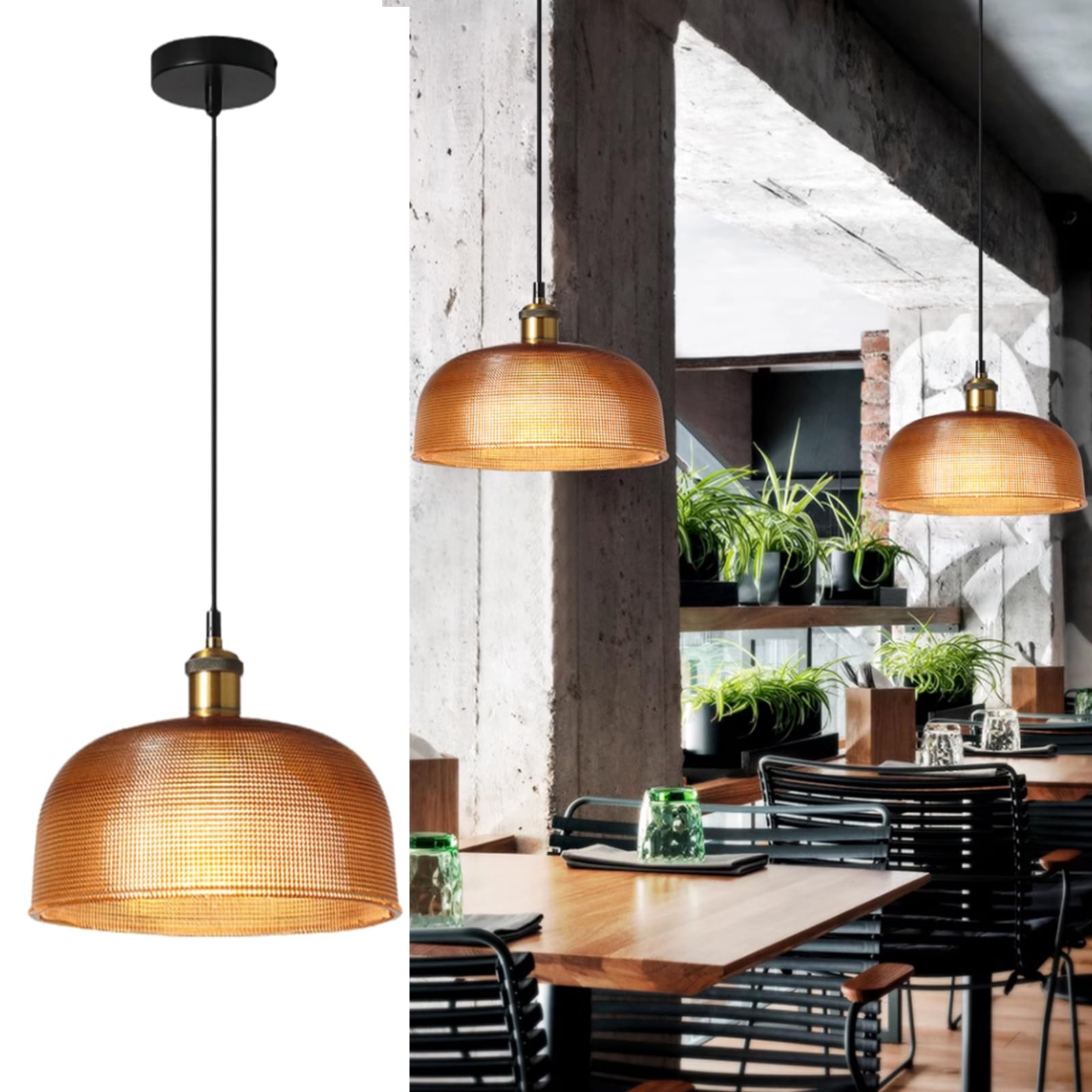HYJAUSXB Modern Chandelier Vintage Stained Glass Pendant Light, Antique Bronze E27 Base, Height Adjustable Loft Bar Ceiling Hanging Light for Dining Room Kitchen and BedroomBrown frosted,27cm