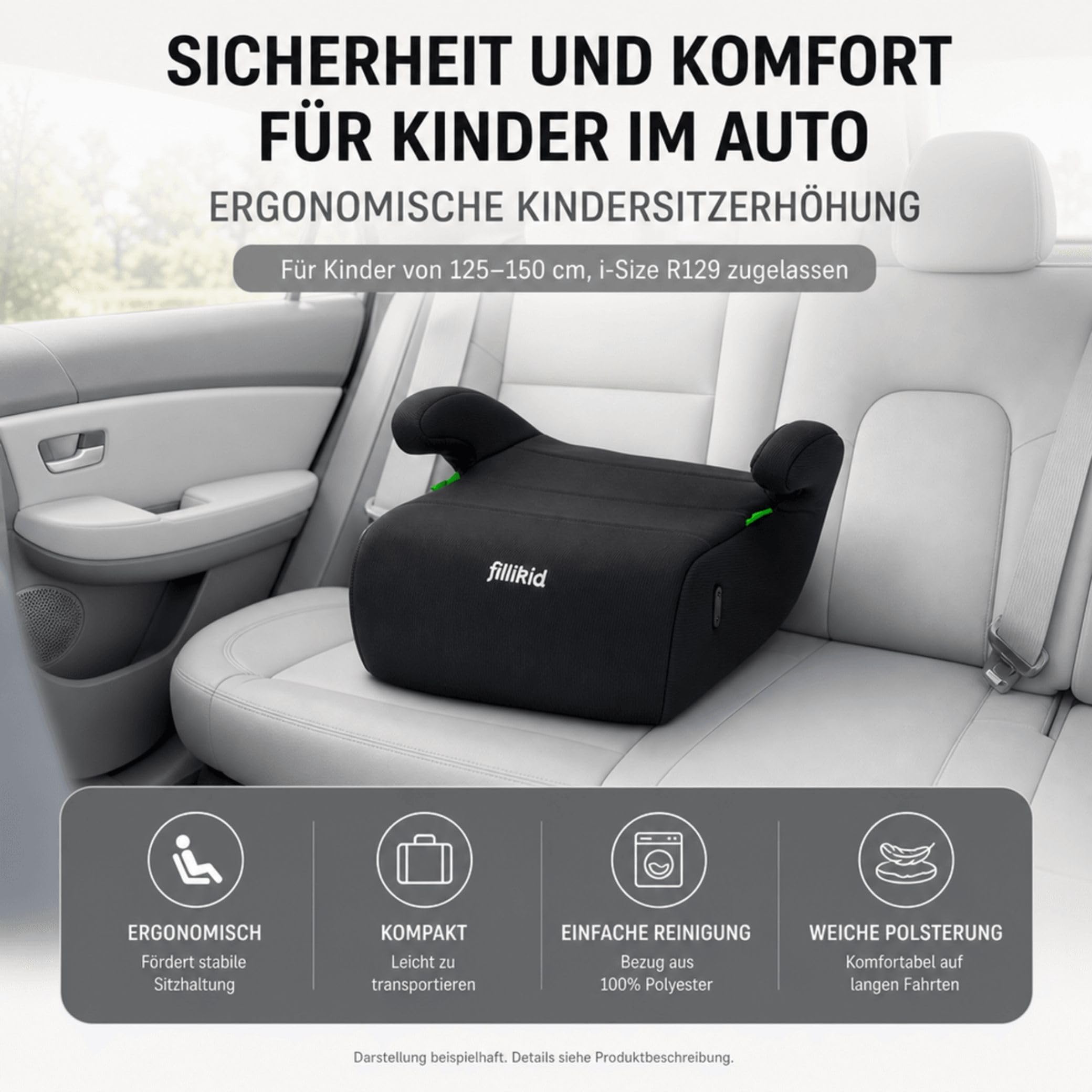 Fillikid Sitzerhöhung ERGO Exklusiv i-Size R129 (125-150 cm) | Ergonomische Kinder Sitzerhöhung mit weicher Polsterung | Kompakt & leicht, 21x40x35 cm | Sicherer Autositz Booster Seat | 125-150 cm, Ergonomisch, Weiche Polsterung, Kompakt & leicht, 21x40x3