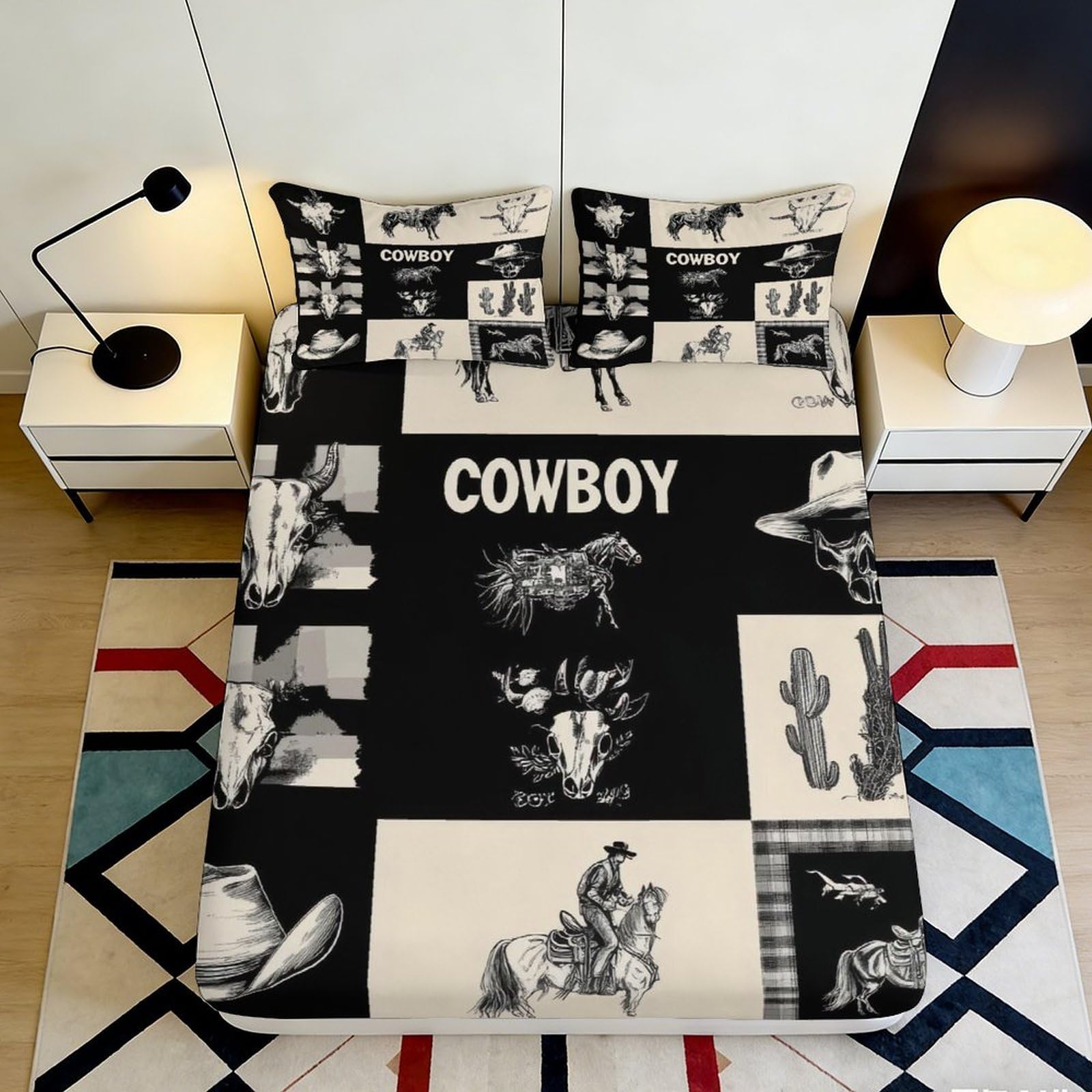 3D Printed Cowboy Western Fitted Sheet Microfiber Black White Rodeo Horse Bed Cover for Bedroom Dorm Decor 90x200x25cm