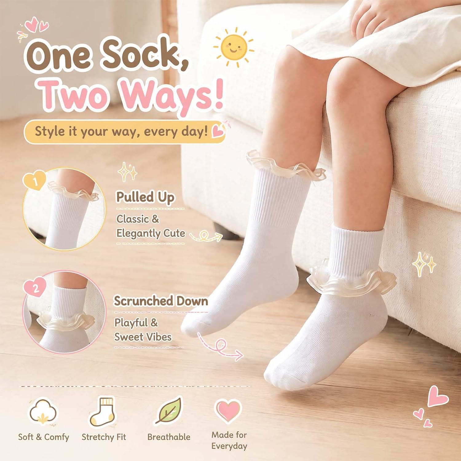 Girls Ruffle Socks Toddler - 3 Pairs Pink Yellow Blue Lace Trim