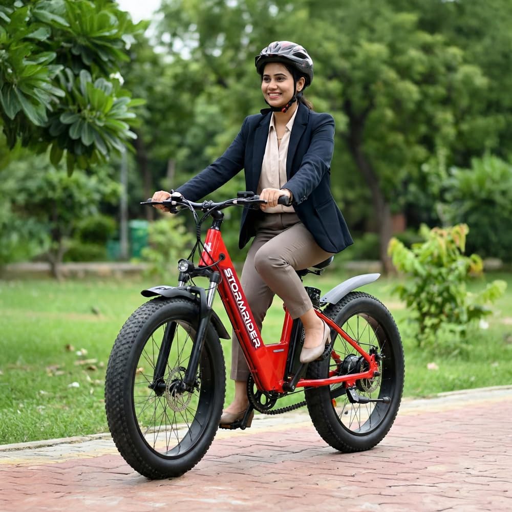 Stormrider 26x4” Electric Fat Bike for Adults | 350W Rust & Waterproof Powertrain | Patented 36V 13Ah Swappable Battery | Headlight & Horn | Pedal Assist + Throttle Mode- Red-image-39