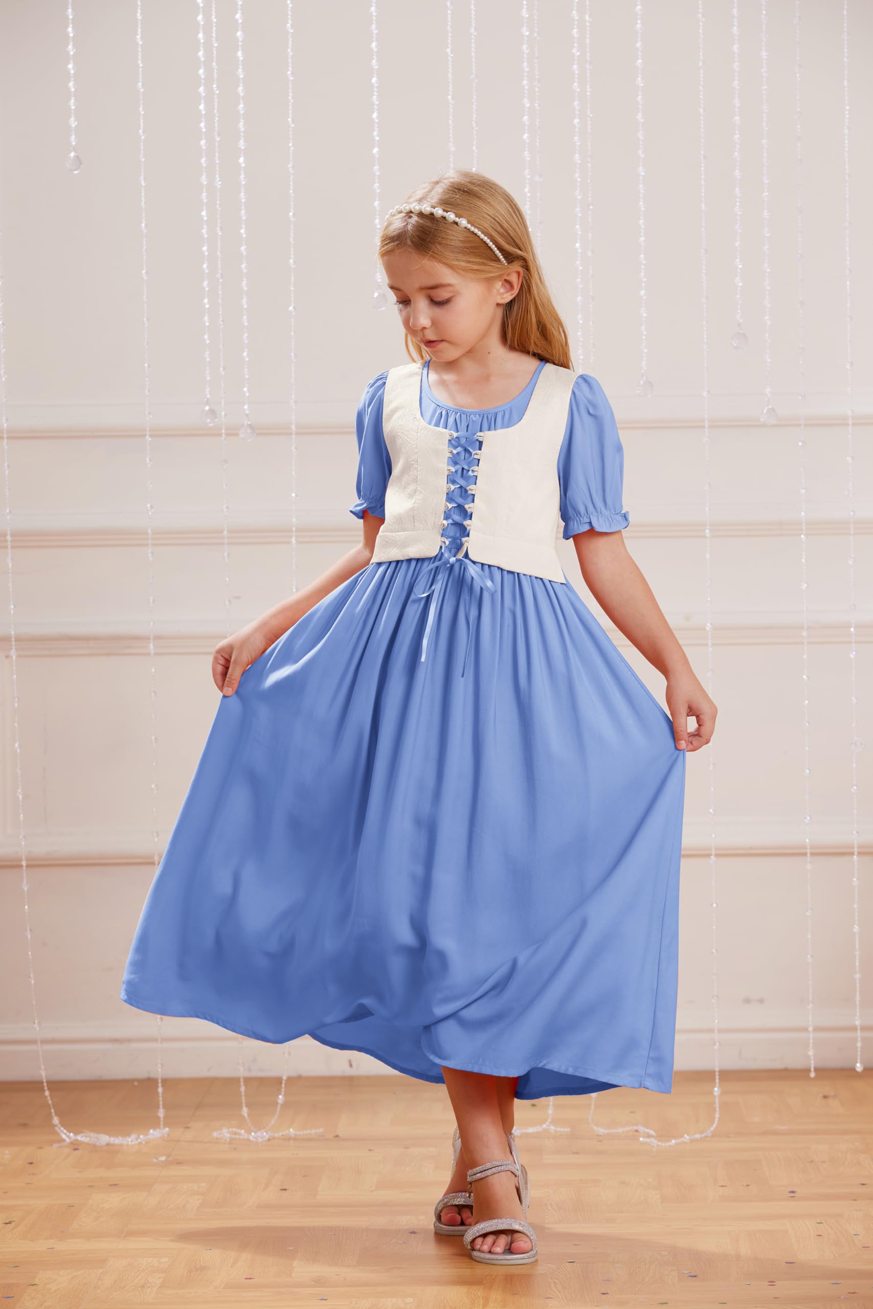 Scarlet Darkness Renaissance-Kleid für Mädchen, kurze Puffärmel, lange Kleider, Blumenmädchenkleid, Größe 7–14
