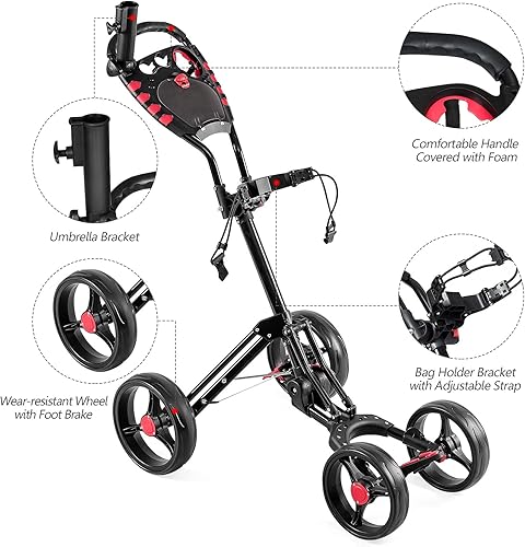 Miniatura 2 de GYMAX Carrito de golf para empujar, carrito plegable ligero de 4 ruedas con soporte para paraguas de bebidas y tarjeta de puntuación, práctico