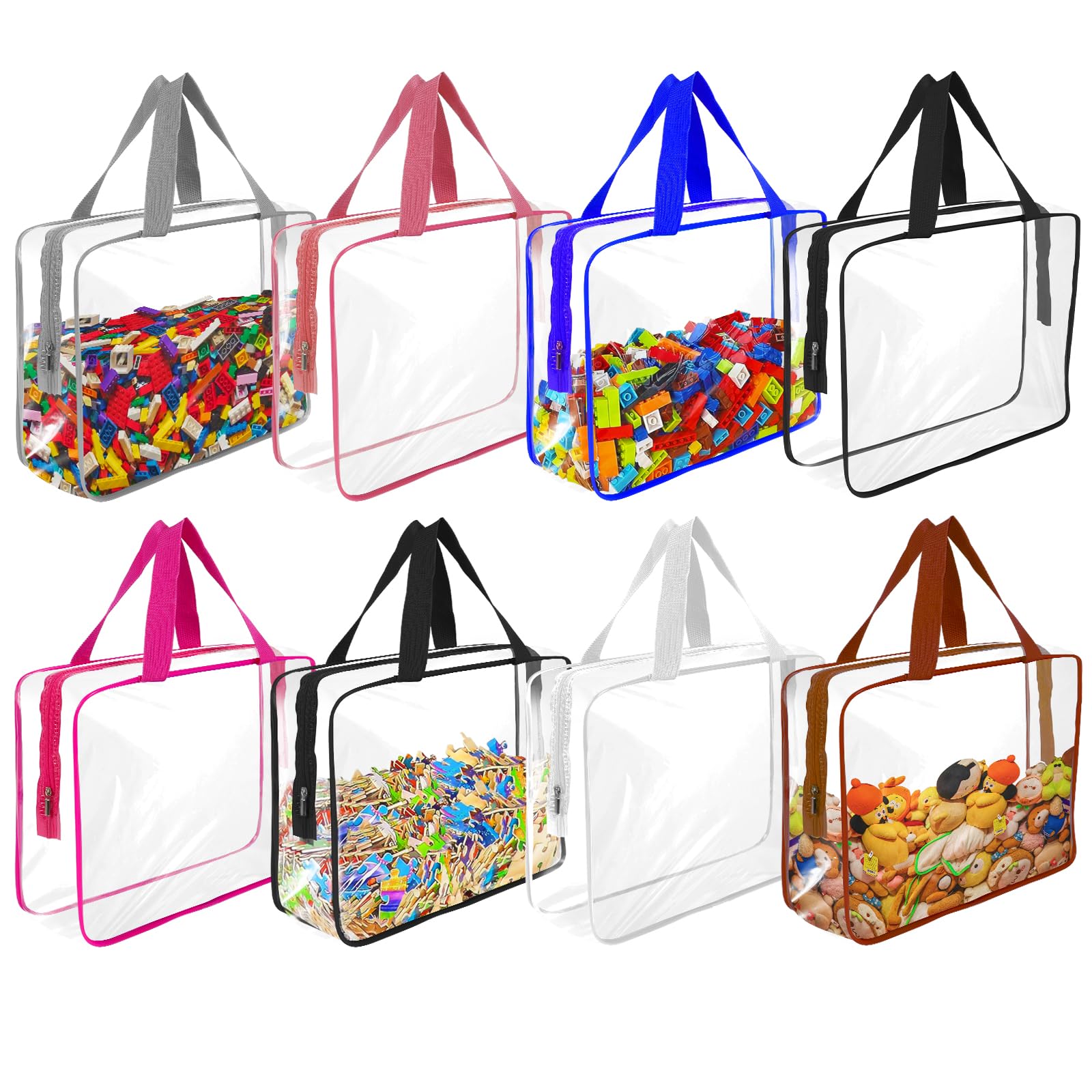 8 Pcs Large Clear Toy Storage Bags with Zipper, Reusable PVC Waterproof Toy Organizer Bags with Portable Handle for Building Blocks, Puzzles, Board Games,and Travel Dust-Proof Storage (Large)
