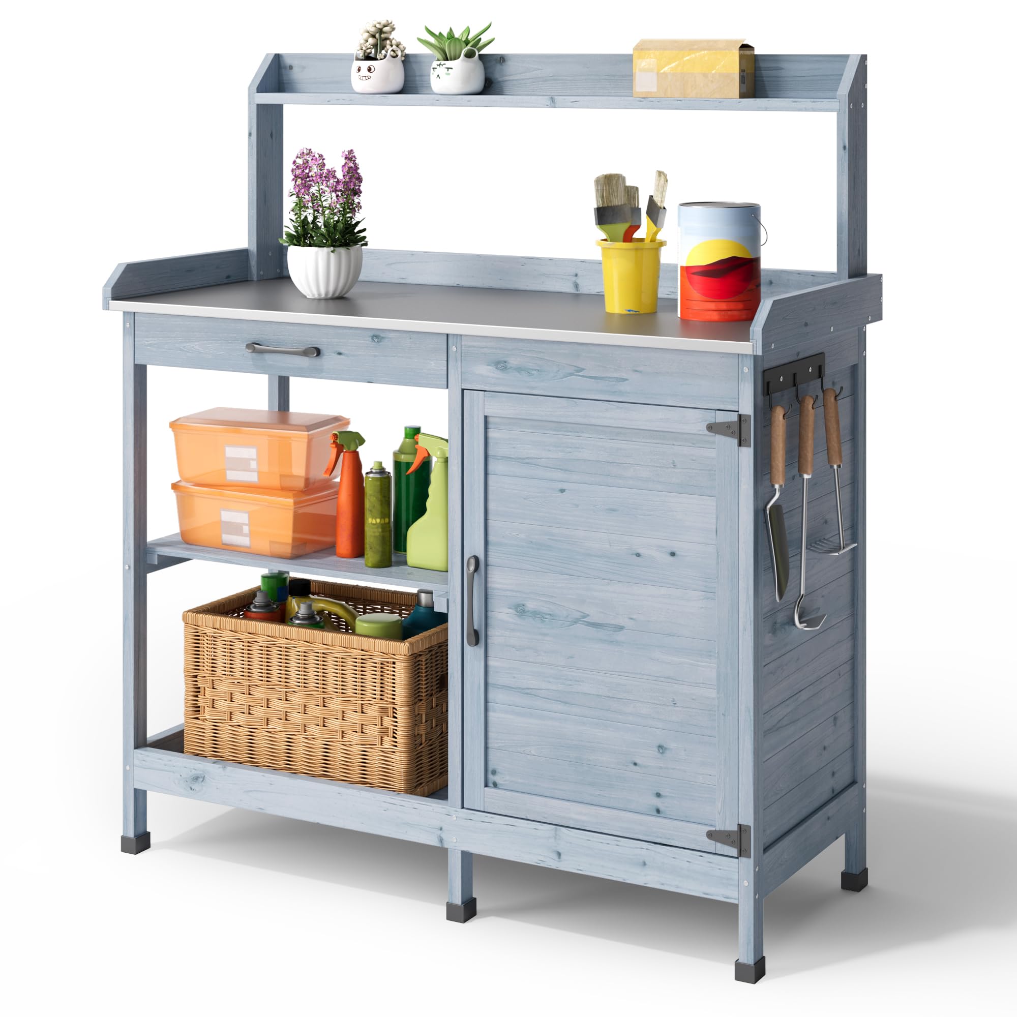 Blishom Gärtnertisch, Pflanztisch mit Schubladen & Unterschrank, Garten Arbeitstisch aus Holz mit verzinkter Arbeitsplatte, für Garten, Balkon, Terrasse, 112x46x125 cm, Grau