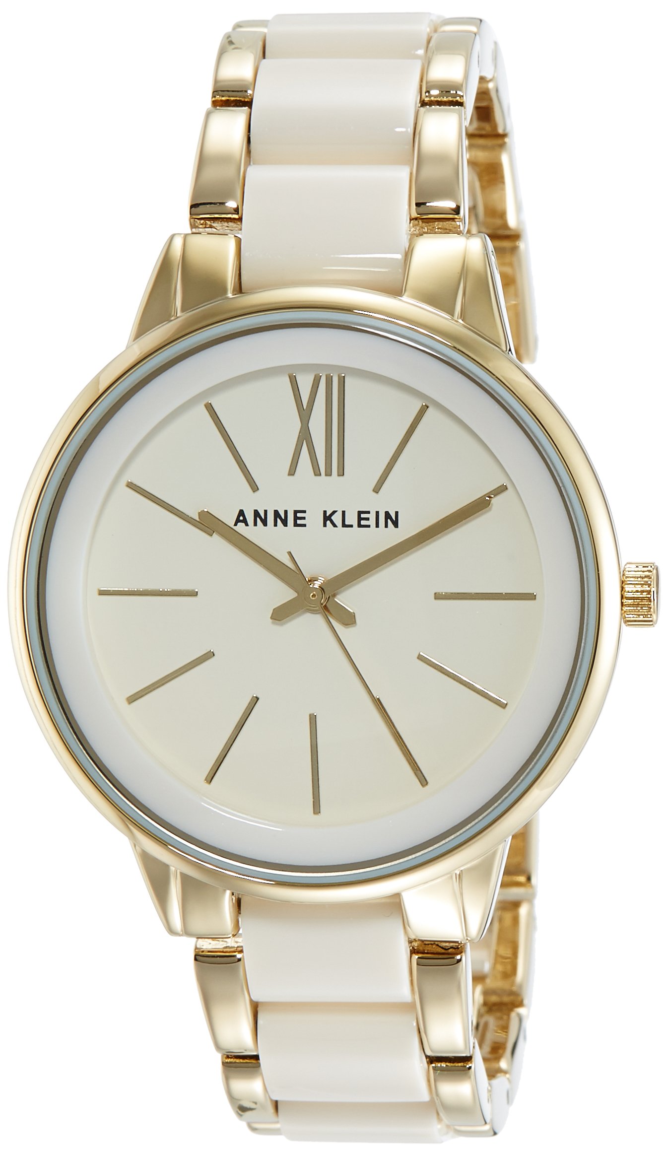 Anne KleinQuartz Analog Beige Dial Two Toned Rose Gold & Beige Ceramic Strap Watch for Women - NEAK1412IVGB