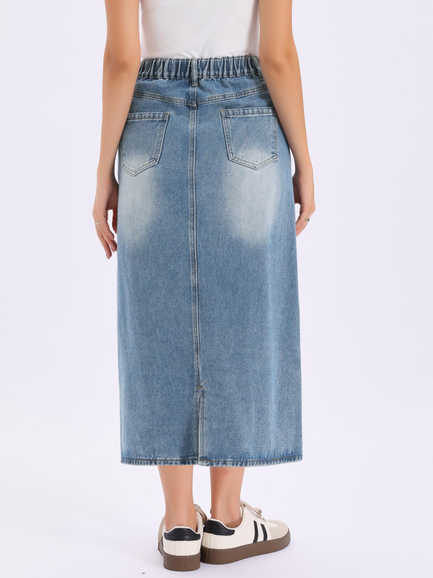 Allegra K Femme Jupe Longue en Jean Taille Haute Coupe Trapèze | Délavé Coupe Trapèze 5 Poches Style Polyvalent Décontracté Printemps Été