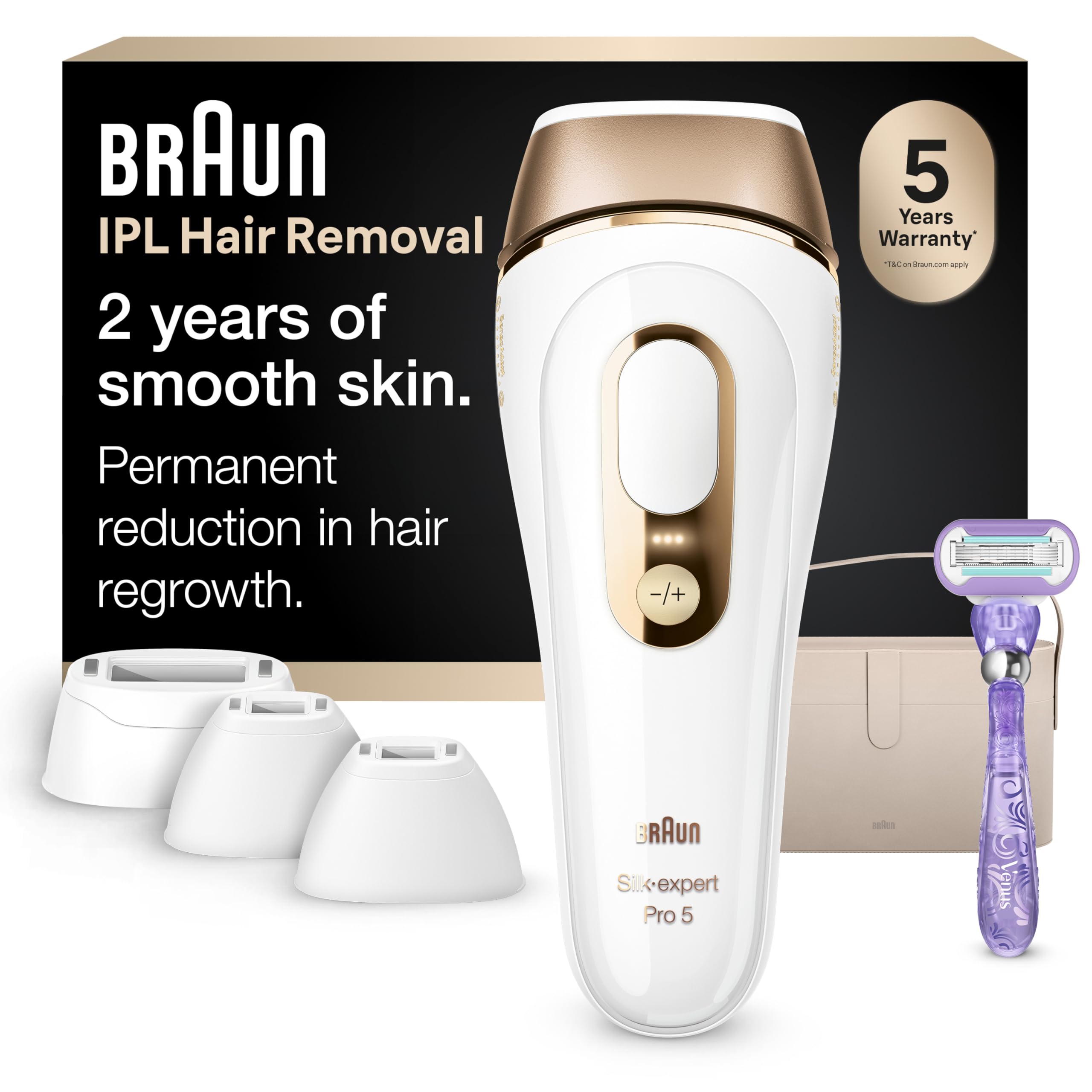 Braun Smart IPL, Silk·Expert Pro 5: at Home Laser Hair Removal for Women and Men, Permanent Visible Hair Reduction in Hair Regrowth for Body & Face, Wide Head and Two Precision Heads, IPL5347