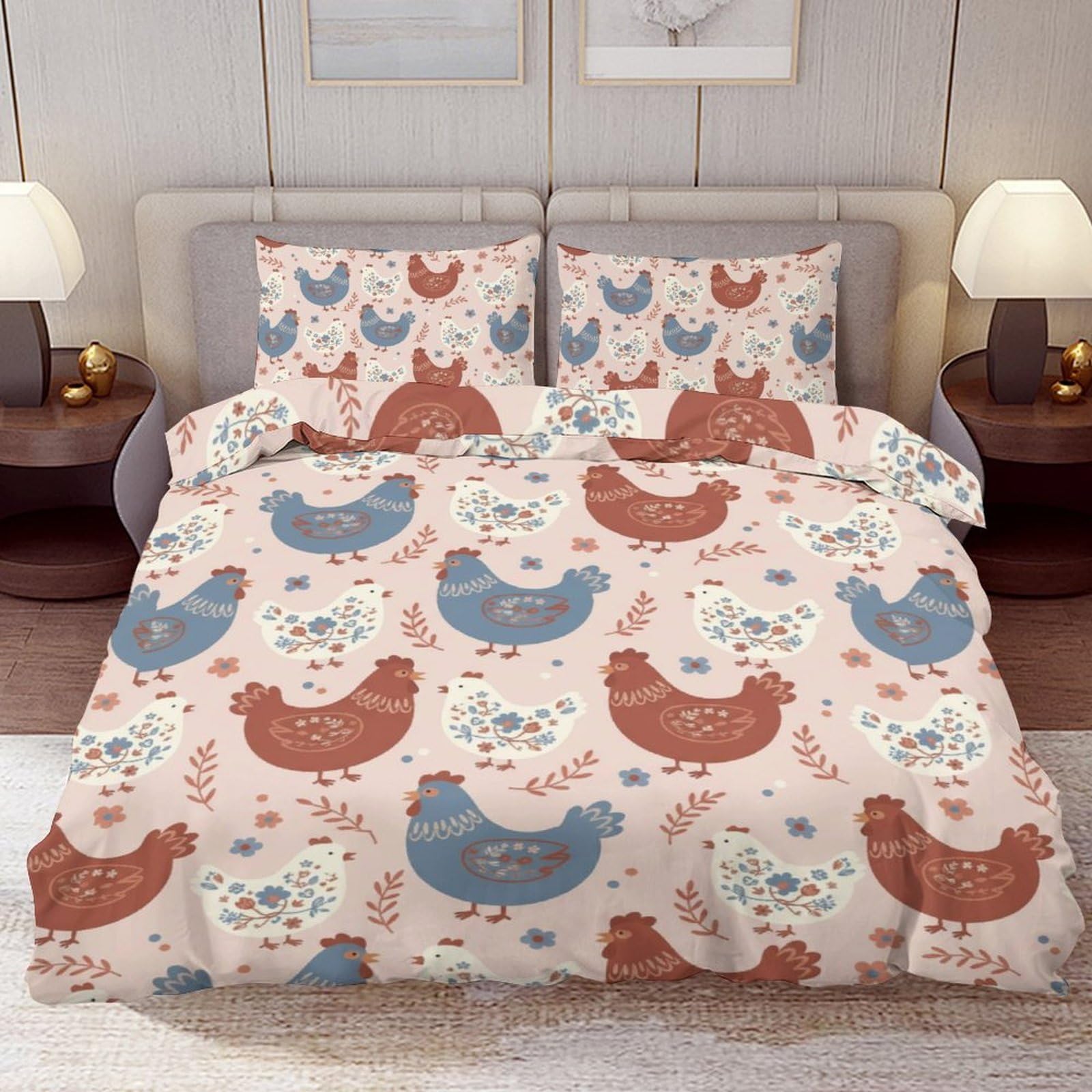 Delerain Comforter Cover Set Twin Size, Cute Hen Chicken 3-Piece Bedding Set for Boys Girls Teens Modern Soft Microfiber Bedroom Set Room Decor, 1 Duvet Cover + 2 Pillowcases