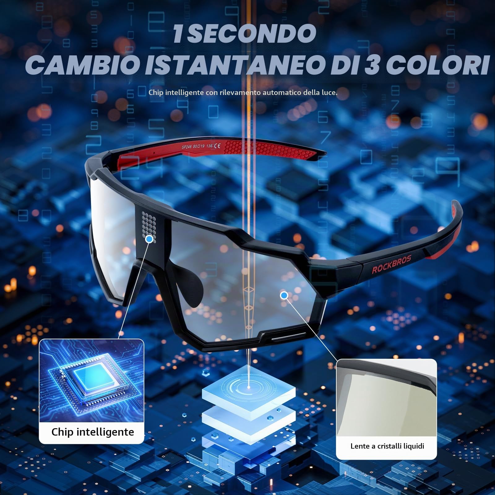 ROCKBROS Occhiali Ciclismo da Sole Uomo Donna, Occhiali Sportivi Fotocromatici+Polarizzati per Bici MTB, con Chip Fotosensibile, Protezione UV 400, Montatura TR90