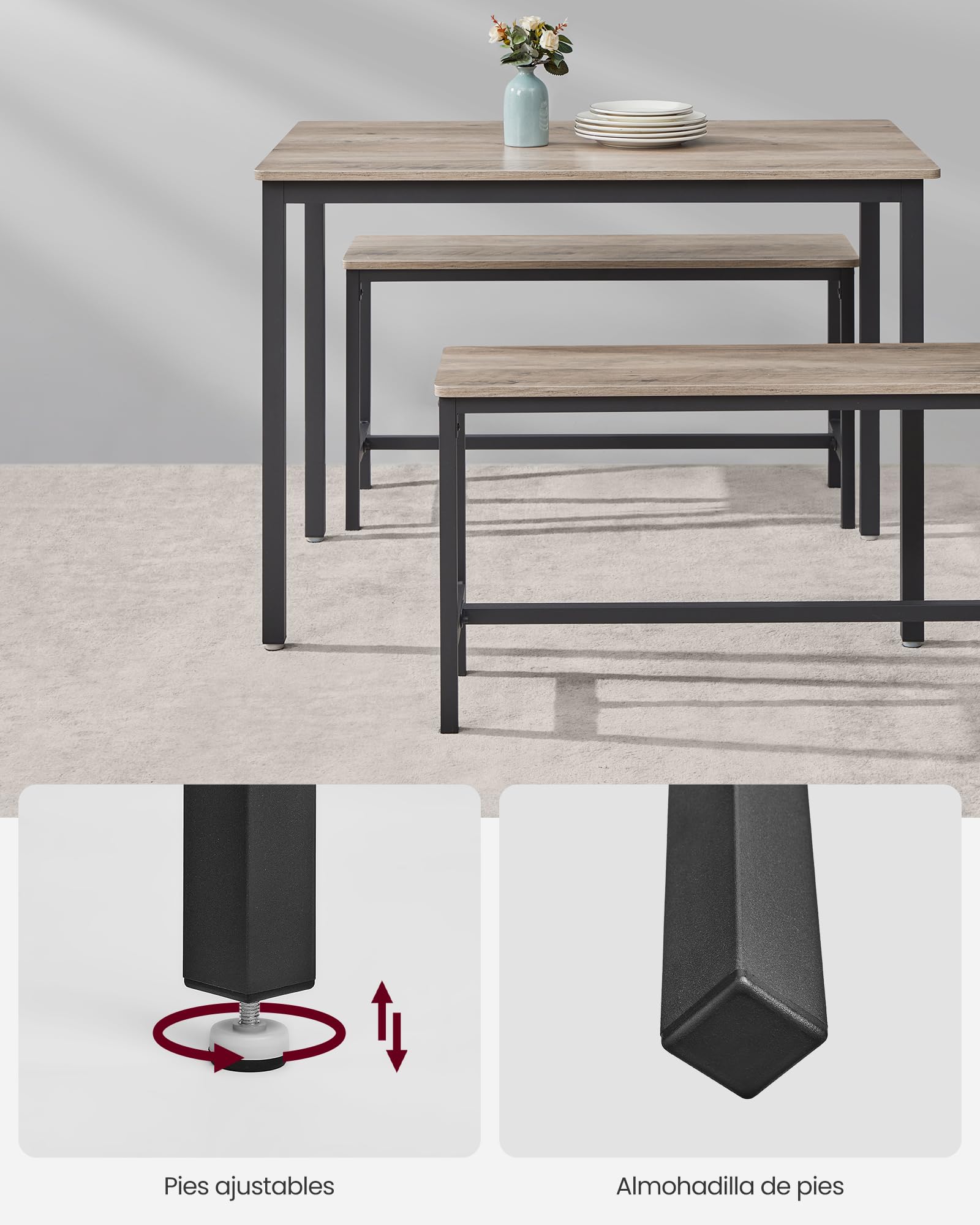 VASAGLE Conjunto de Mesa de Comedor y 2 Sillas, Juego de 3 Piezas, Mesa de 70 x 110 x 75 cm, 2 Taburetes de 30 x 97 x 50 cm Cada Uno, Marco de Acero, Greige Brezo y Negro Tinta KDT070B02 — view 6