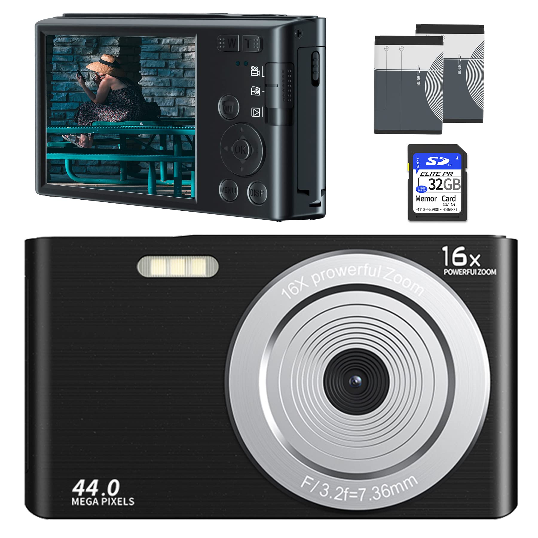 1080P Digital Camera for Photography and Video 16X Digital Zoom, 44MP Vlogging Camera with 32GB SD Card, Compact Camera for Travel