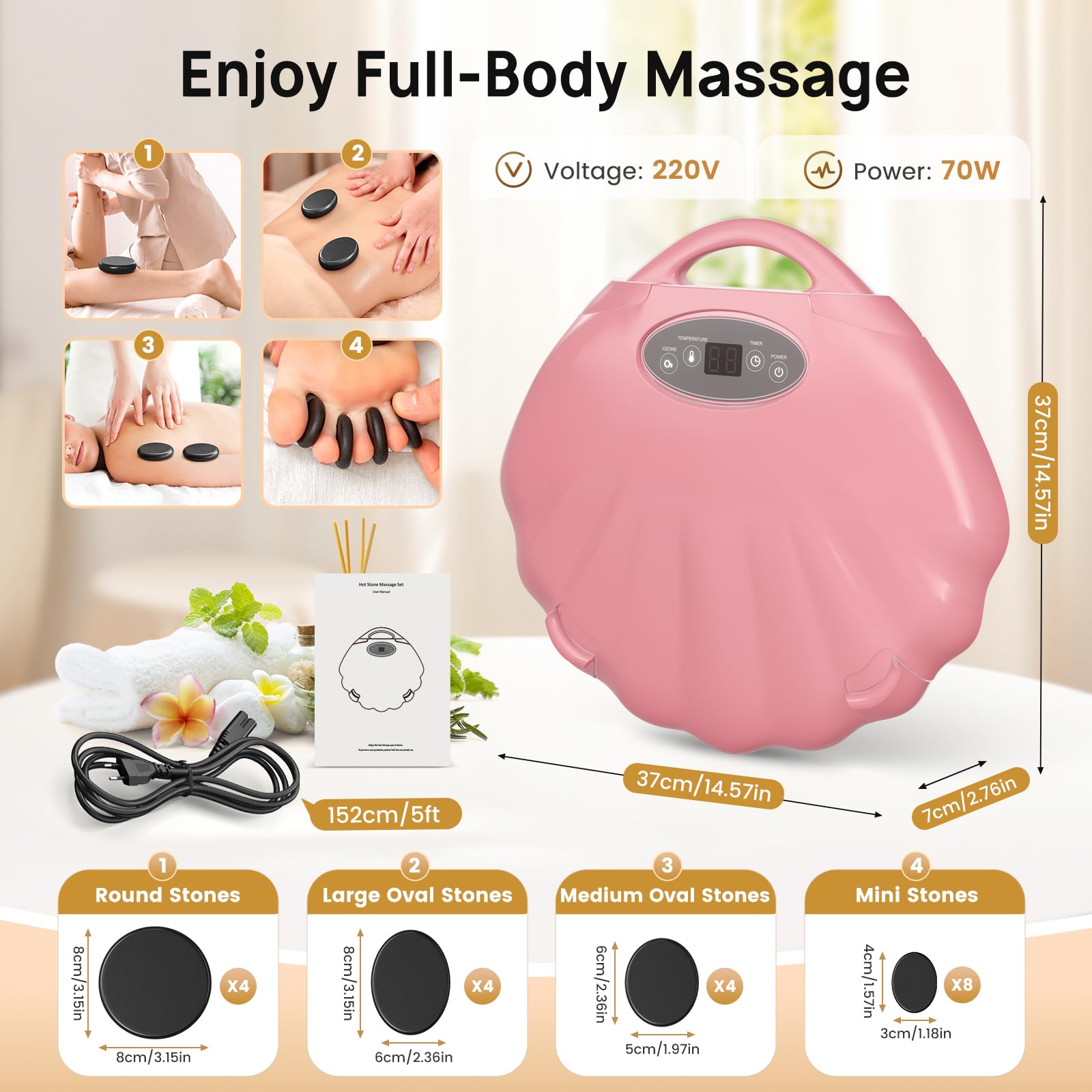 Kit de masaje de piedra caliente, juego de piedras de masaje basalto con caja térmica portátil, calor terapéutico de 3 niveles con temporizador para uso doméstico, terapia de masaje, spa, relajación