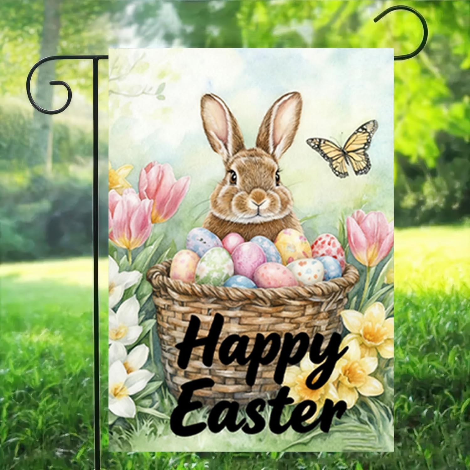 Happy Easter Garden Flags 12x18 Double Sided, Small Burlap Bunny Floral Butterfly Garden Flag Easter Holiday Outdoor Yard Decorations - Image 6