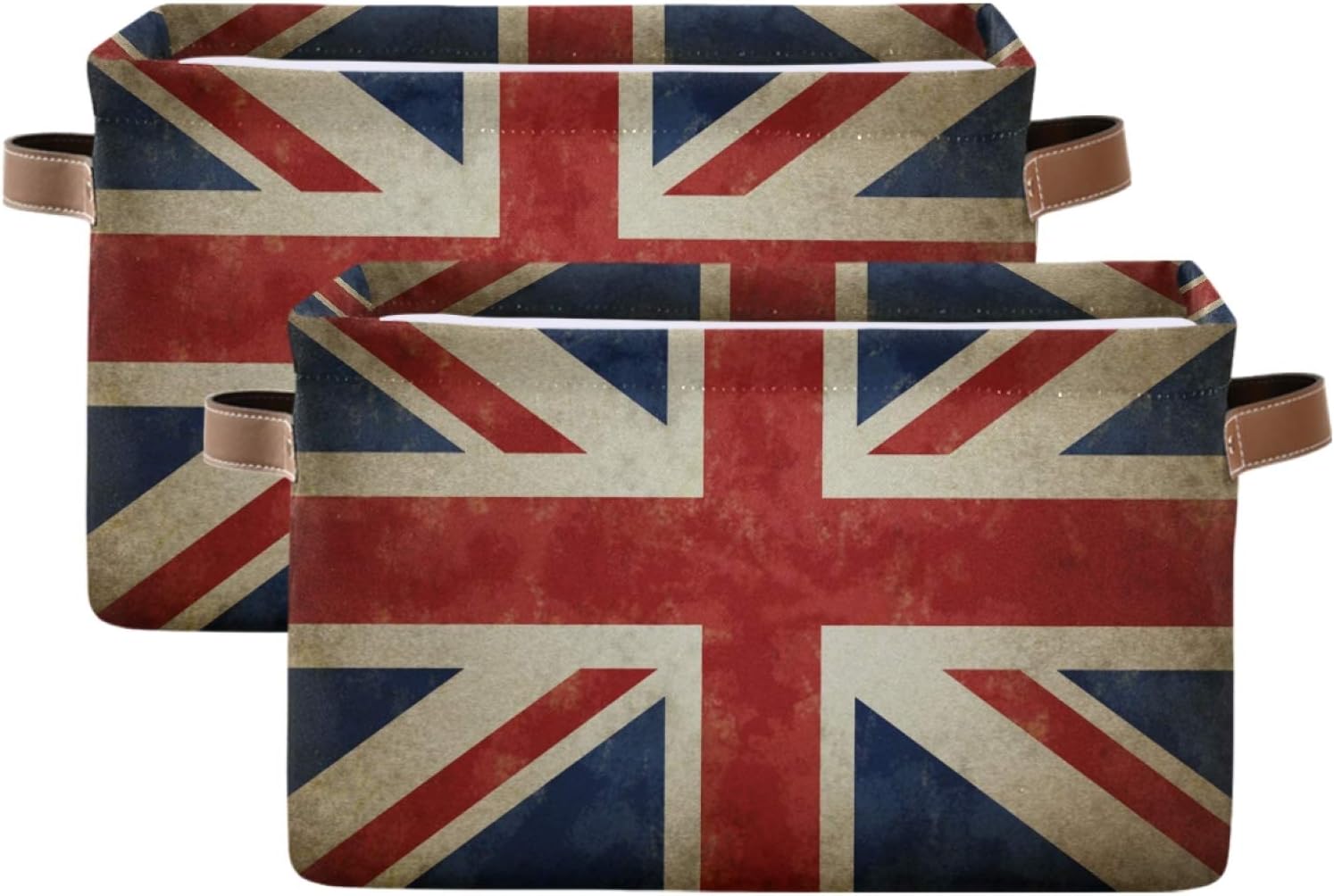 AUUXVA Vintage UK England Flag Union Jack Storage Basket Large Foldable Storage Organizer Cubes Bins with Leather Handles Sturdy Collapsible Boxes for Shelf Cloth Toy Closet-2 Pack