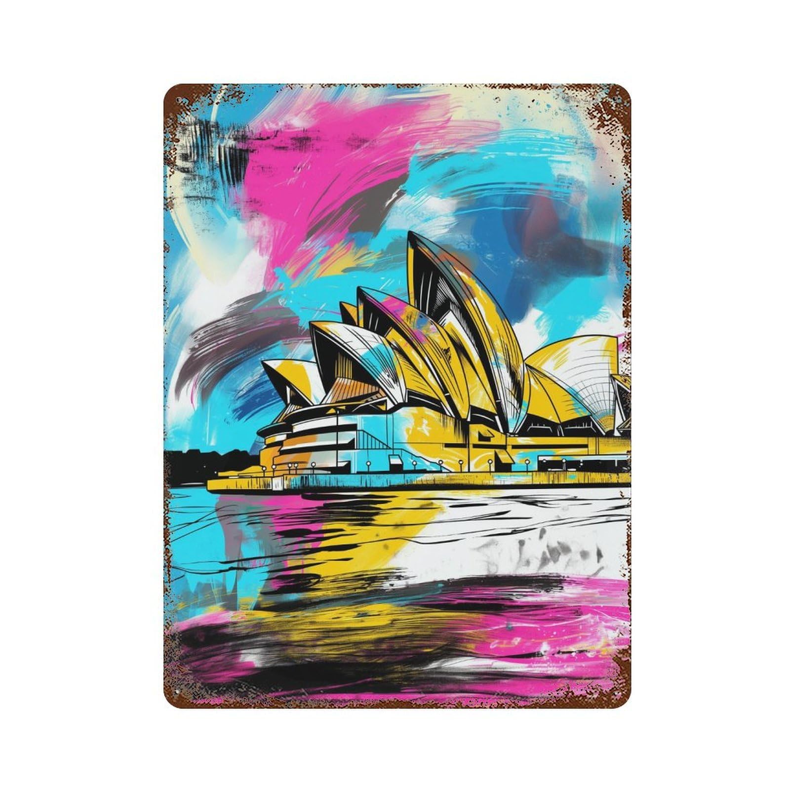 Rusty Metal Tin Sign with Colorful Sydney Opera House Art Print Design 15.7"x11.8", for Farmhouse, Kitchen And Entryway Decor, Classic Wall Plaque