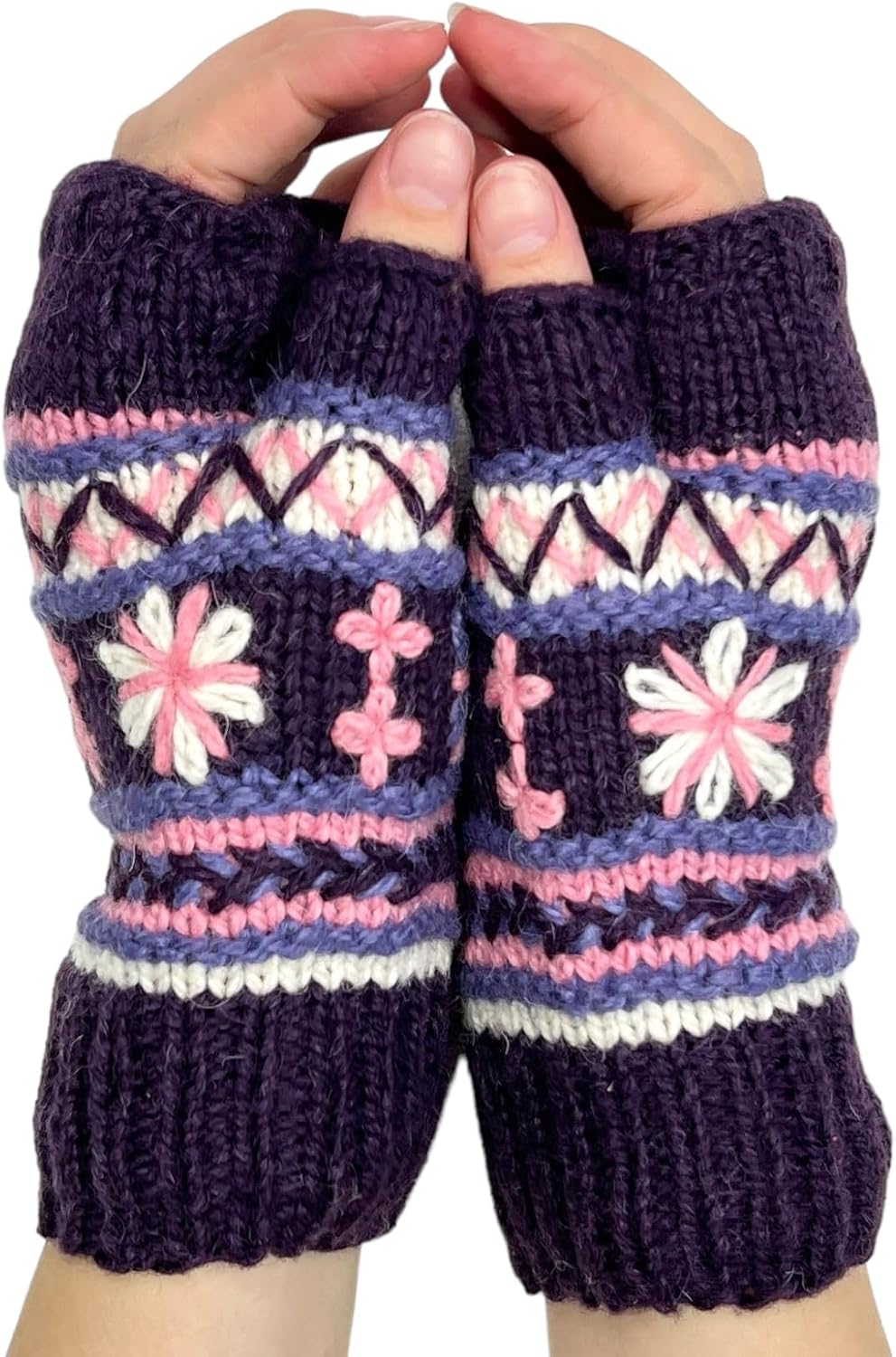 Hand Knit Alpaca Fingerless Embroidered Gloves Fleece Lined Winter Texting Driving Warm - Image 2