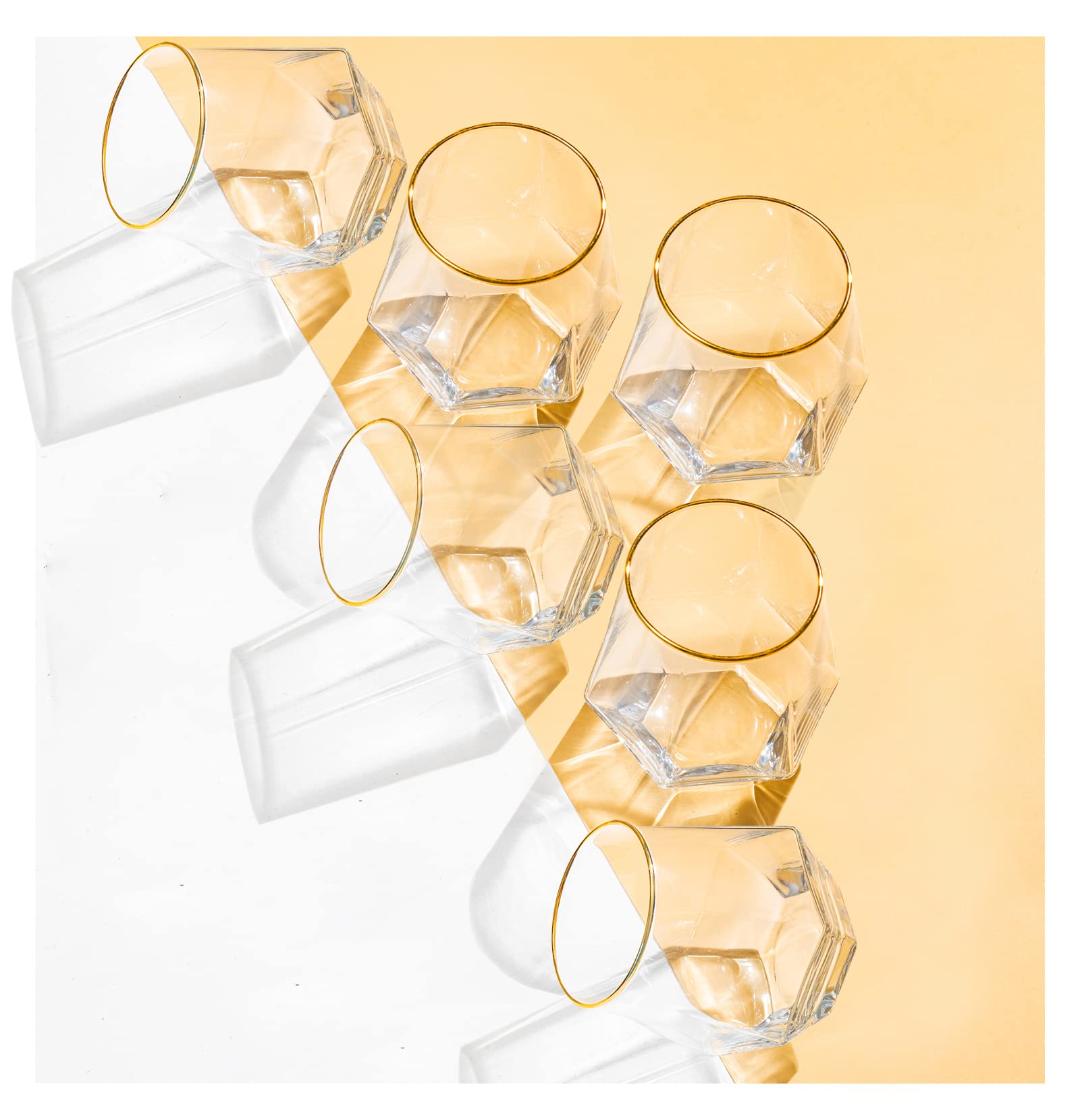 XKXKKE Diamant-Weingläser, 6 Stück, 284 ml, moderne Stiellose Glasbecher mit Goldrand, klare Trinkgläser zum Servieren von Partys, Zuhause, Bar, Restaurants, transparent, 6 Stück