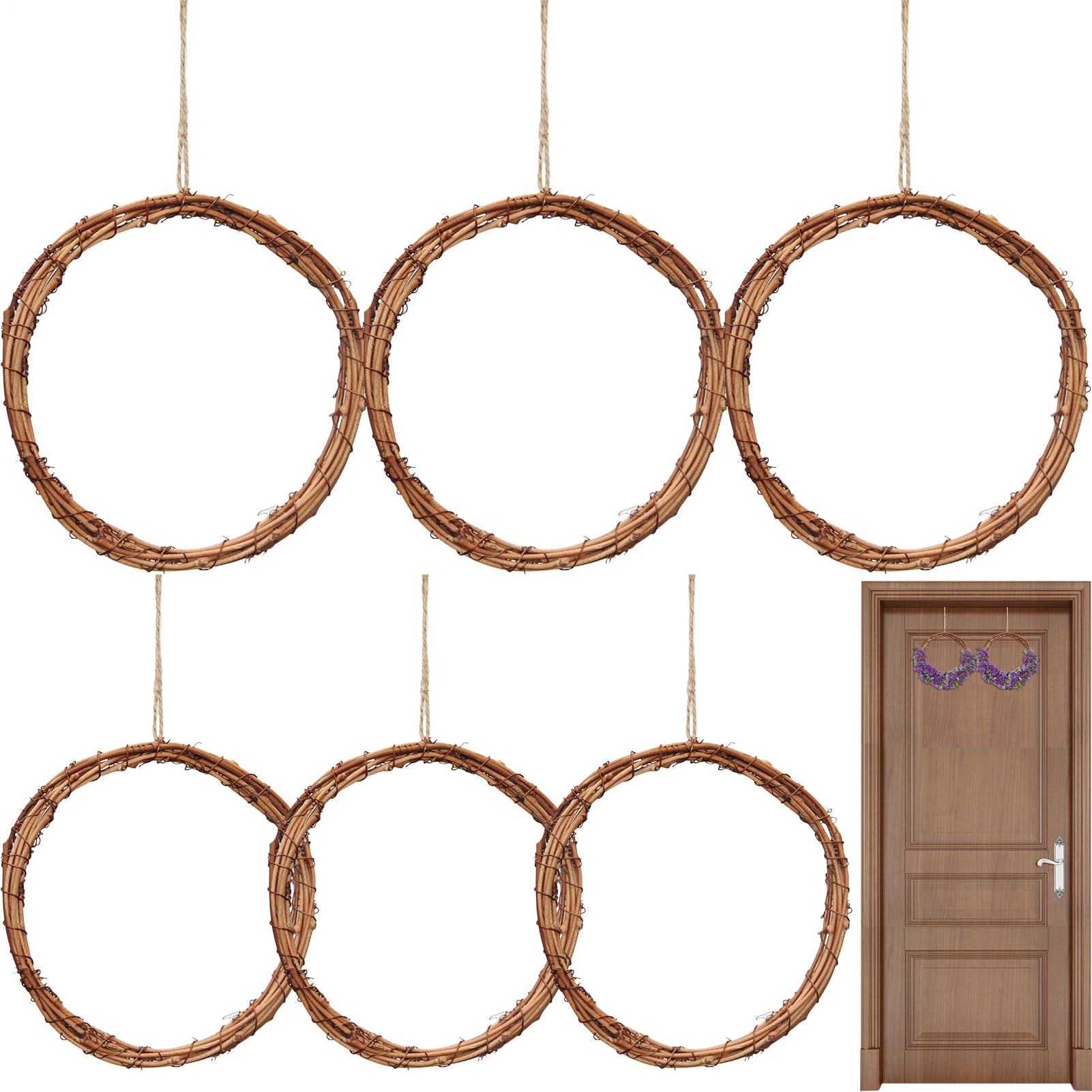 Cadre de couronne en rotin 20cm et lot de 6 crochets pour déco de Noël