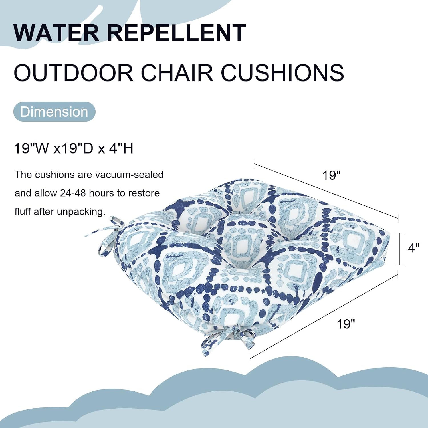 DYTXIII Set of 2 Outdoor Chair Cushions 19"x19"x4", Water Repellent Tufted Patio Seat Cushions with Ties, Thick Replacement Pads for Wicker Dining Chairs, Patio Furniture, Boho Geometry Blue