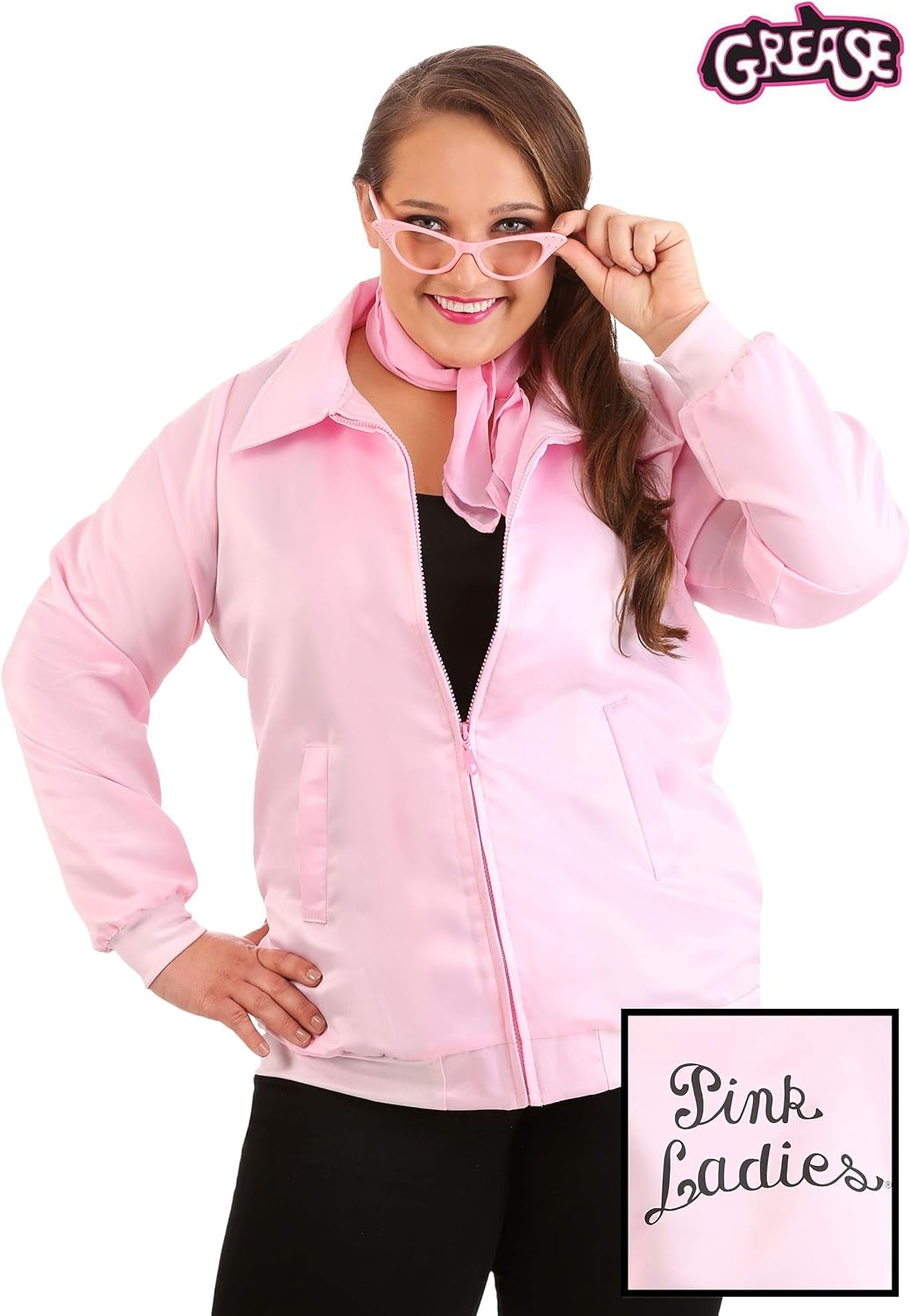 Womens Plus Size Grease Pink Ladies Costume Jacket With Scarf | Iconic Movie Outfit Accessory