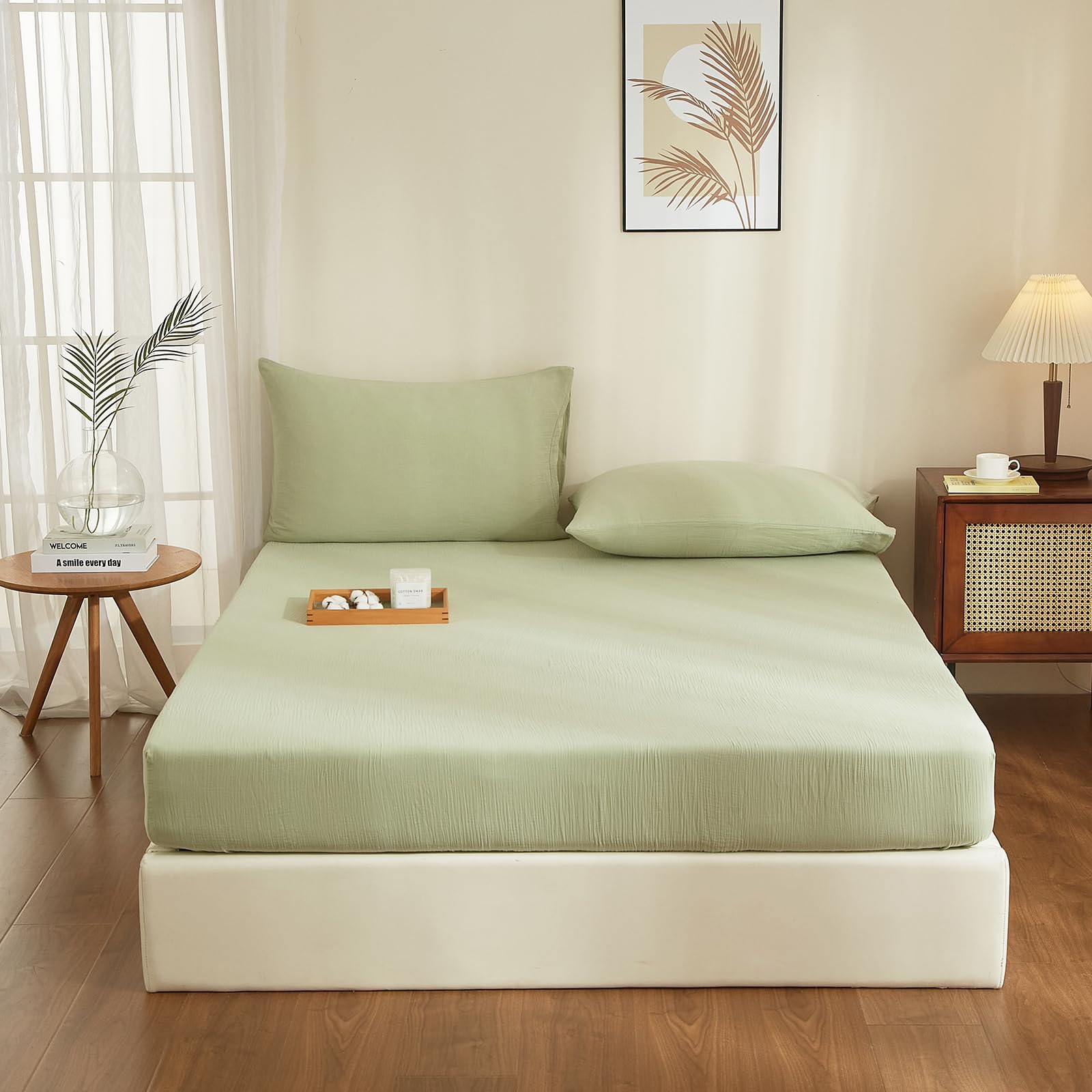 Doppelte Muslin Spannbettlaken 200x200cm 100% Baumwolle Grün Muslin Bettlaken 200x200cm Baumwolle Weich Atmungsaktiv Kuschelige Spannbetttuch Boxspringbett Geeignet für 30cm Matratze