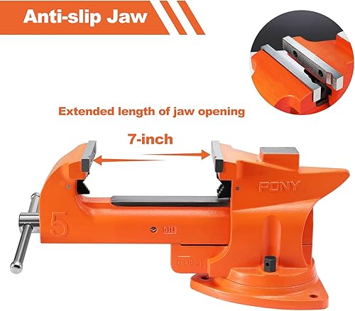 Miniatura 2 de PONY Tornillo de banco resistente, ancho de mandíbula de 5-pulgadas, apertura de mandíbula de 7-pulgadas, base giratoria de 360 grados con yunque