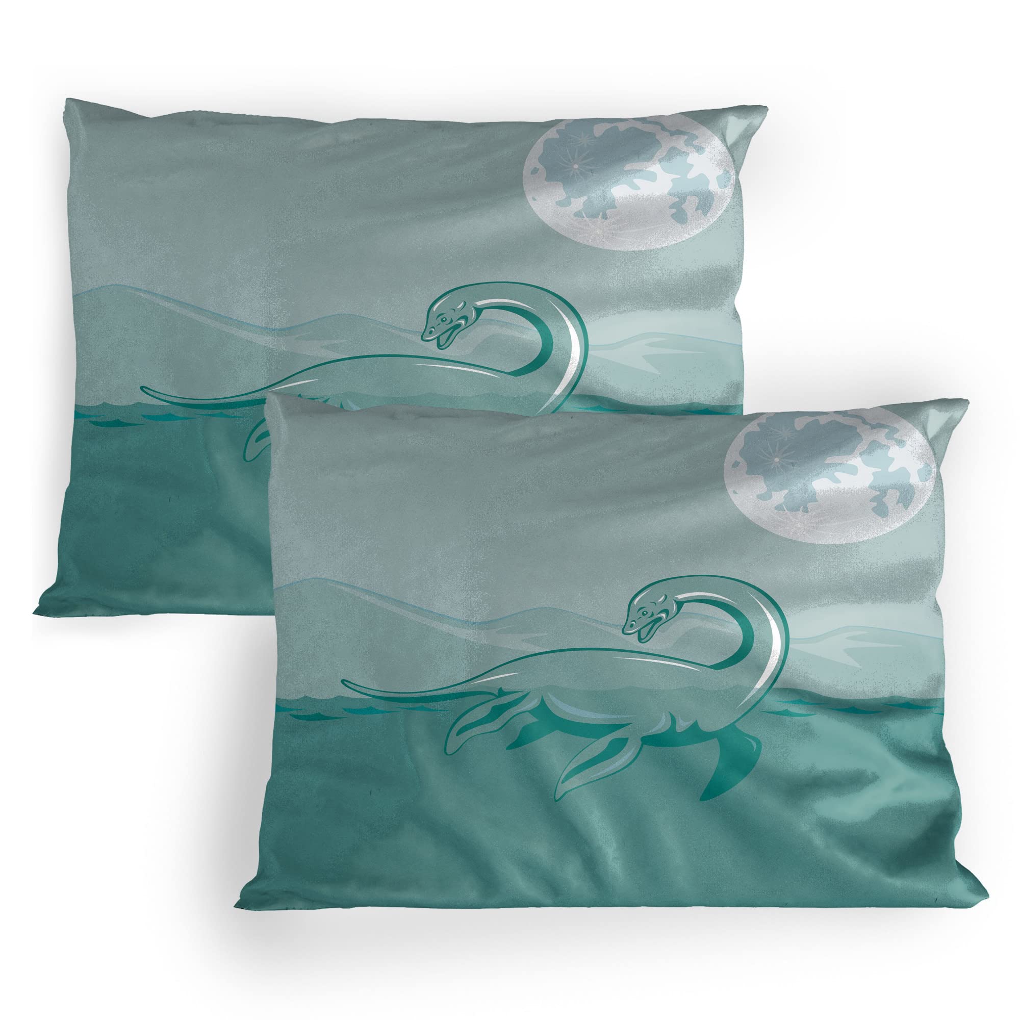 Lunarable Jurassic Pillow Sham Set of 2, Loch Ness Monster Sea Serpent Creature Mountain Waterscape Illustration, Quality Microfiber Bedding Item for All Seasons, 36