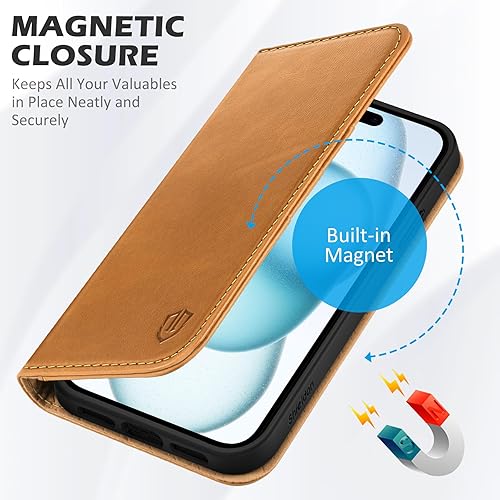 Miniatura 7 de SHIELDON Funda para iPhone 15 5G 2023, piel auténtica para iPhone 15, cartera con función atril, bloqueo RFID, tarjetero magnético a prueba de