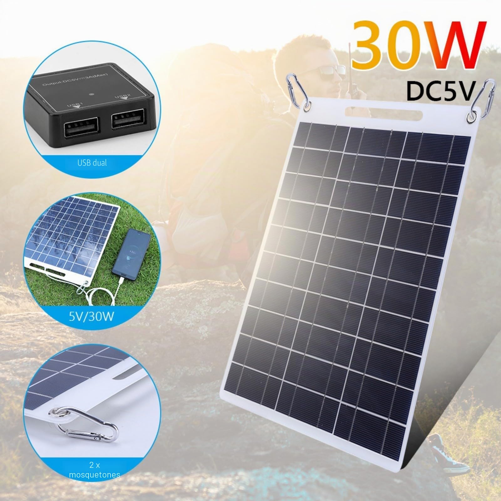 Panel Solar de 30 W 5 V para Exteriores, Cargador Solar para móvil, Doble USB Placas solares, Impermeable Placa de Carga Flexible para Senderismo, Camping