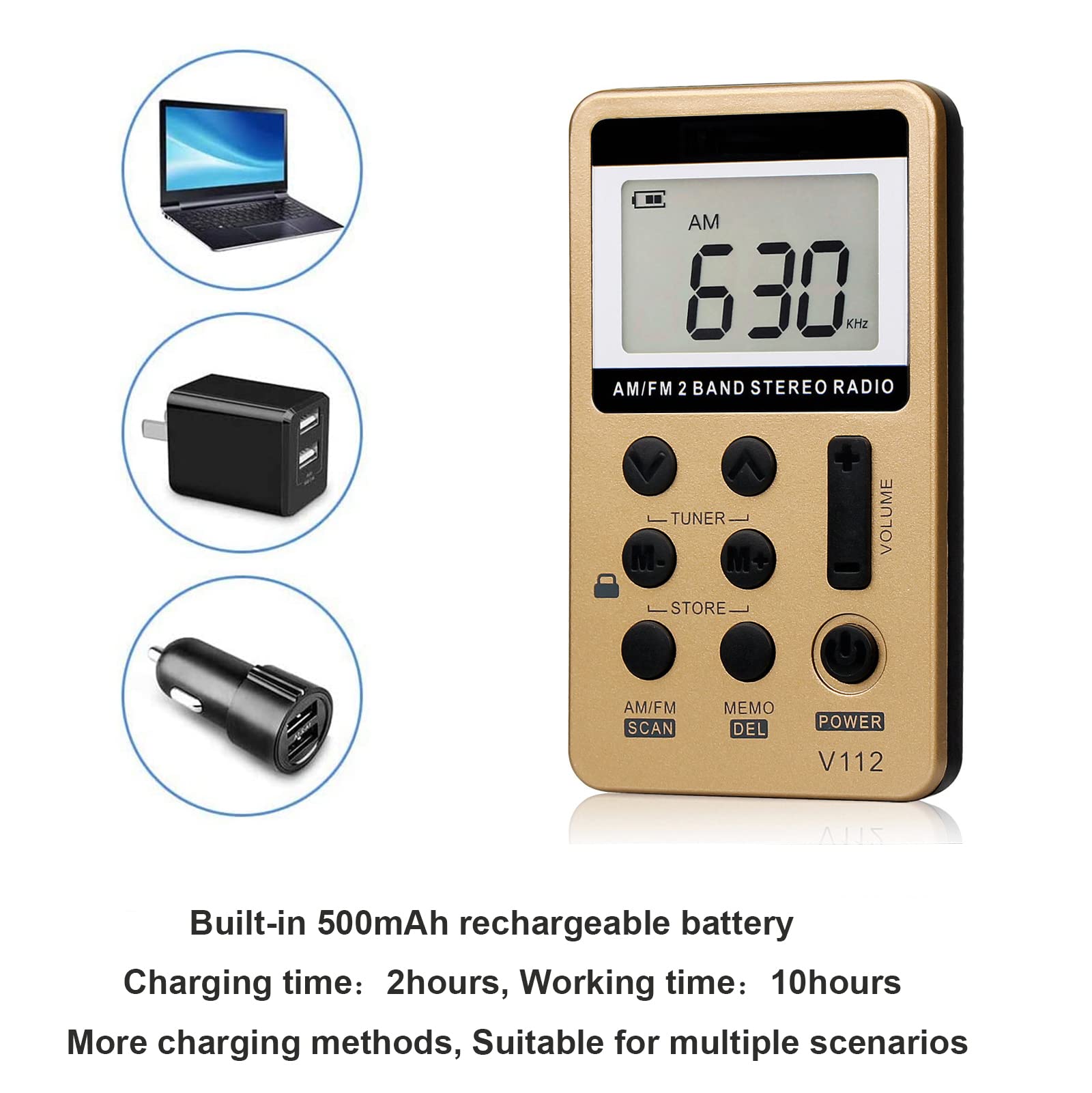 Mini Radio Portable, Petite Radio FM AM avec Écouteurs, Batterie Rechargeable de 500 mAh, Stockage de Recherche Automatique,Rouge