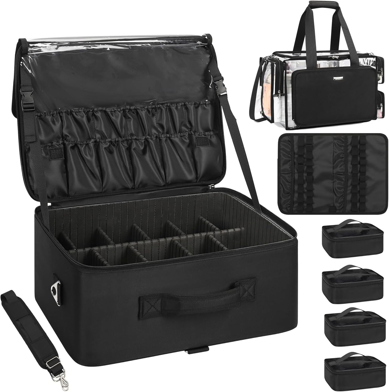 RelavelExtra Large Makeup Case Professional Cosmetic Storage Organizer Box Brush Holder with 4 Clear Set Bags & Lipstick Plate for Makeup Artists, Black with large clear bag, XL