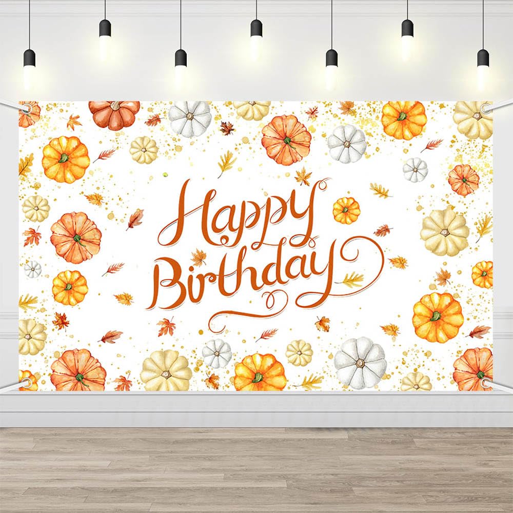 AIBIIN Pumpkin Birthday Backdrop Fall Happy Birthday Decorations Autumn Harvest Party Supplies, Pumpkin Photo Booth Background with Gold Maple Leaves
