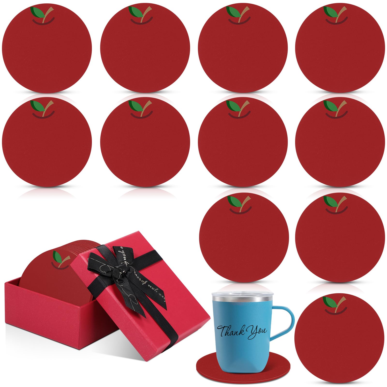LemonRoad 12 Pcs Thank You Appreciation Coasters Set for Teacher Appreciation Gifts Bulk, Drink Absorbent Wood Coasters with Gift Box for Desk