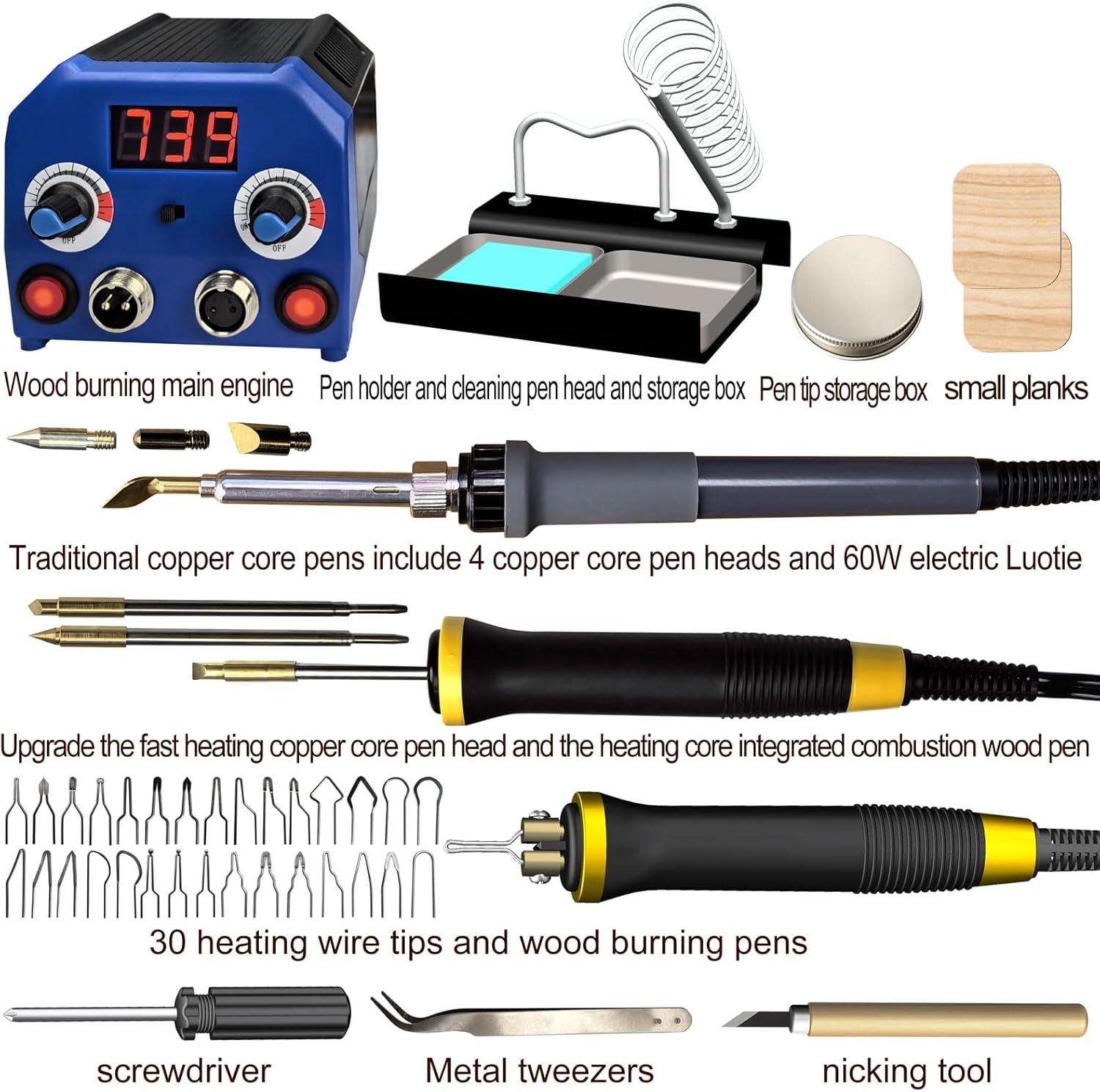LH55-3-3 Wood Burner kit Wood Burning Tool Pen 200~750℃, Wood Burning kit with Digital Thermometer Temperature Adjustable Temperature 3 pyrographic Wood Burning pens 37 Wood Burning Pen Tips