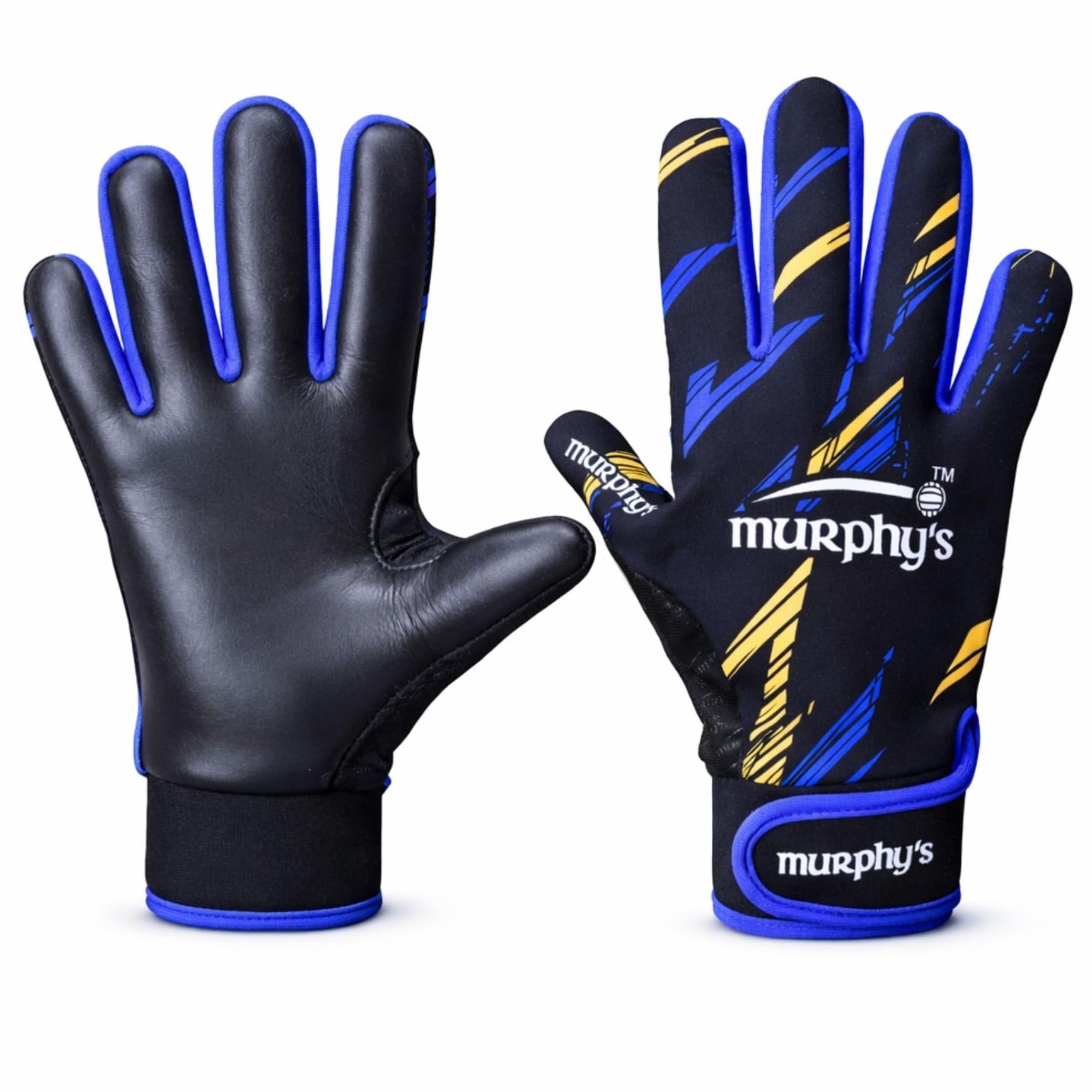 Murphy's Vision Gaelic Gloves, GAA Premium Latex Grip, Ventilated Finger Inset, Adjustable Wrist Strap, Wet Weather Ball Control, Black/Amber/Blue, 4 - Under 8