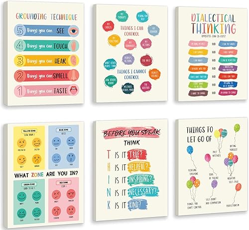 KAIRNE Decoración de salud mental, carta de sentimientos, póster de habilidades de afrontamiento, juego de 6 inspiradores arcoíris (8 x 10 pulgadas,