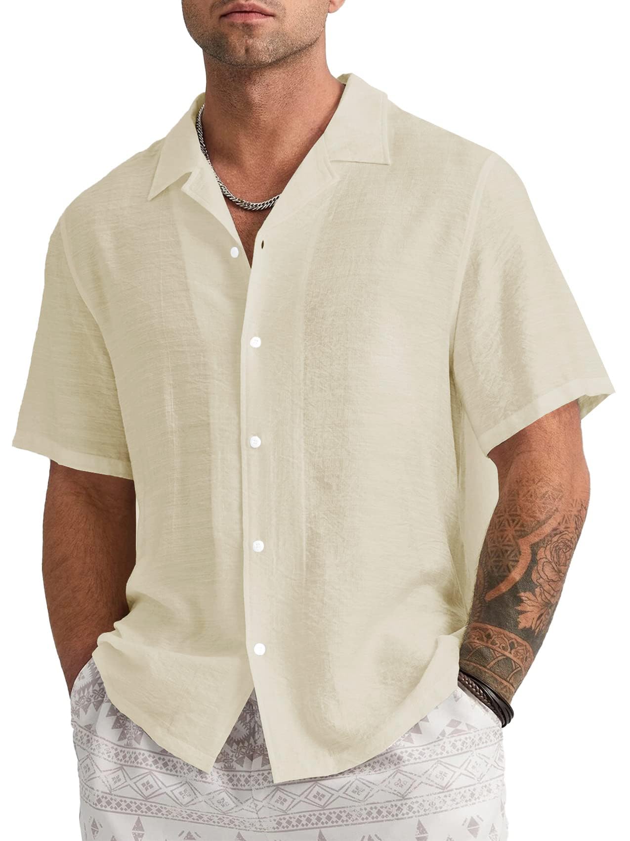 Runcati Camisa de lino para hombre, camisa informal de manga corta, camisa de verano, camisa de negocios, camisa de playa para hombres