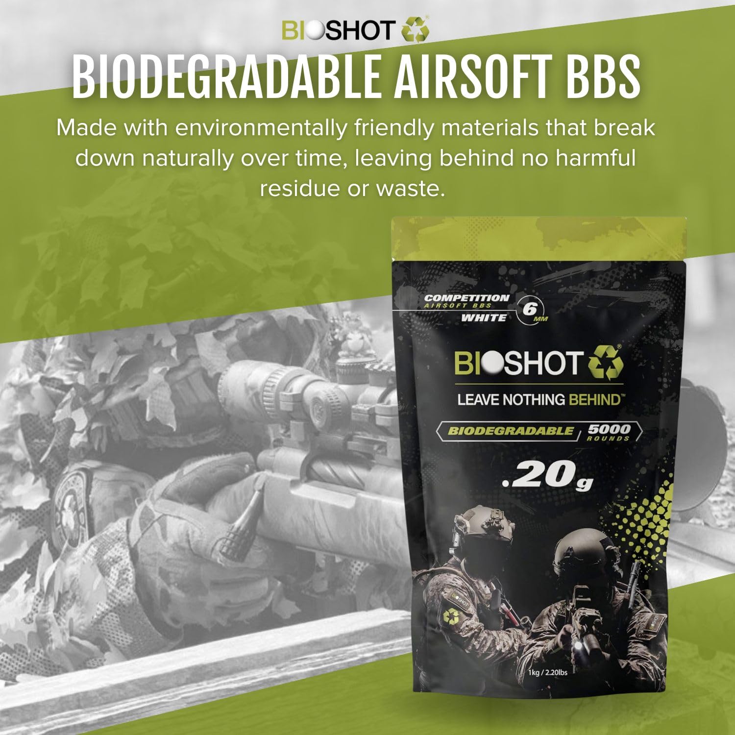 Bioshot Biodegradable Airsoft BBS - .20g 5000 Rounds Super Slick Polish - Seamless Competition Match Grade for All 6mm Airsoft Guns and Accessories