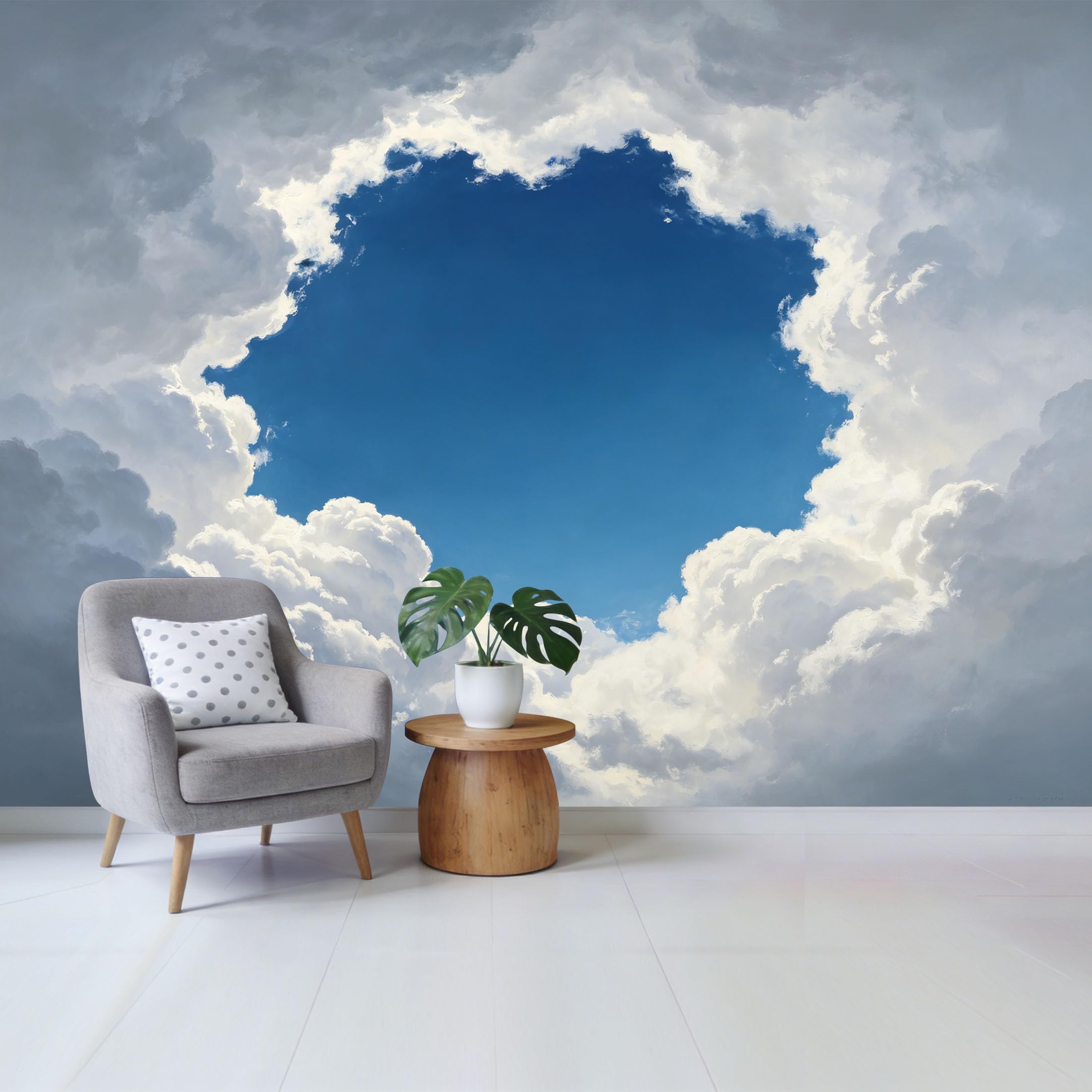 Custom Size Wall Mural Blue Sky White Fluffy Clouds Landscape Oil Painting Removable Self Adhesive Fabric，Home Wall Decor for Living Room Bedroom Bathroom