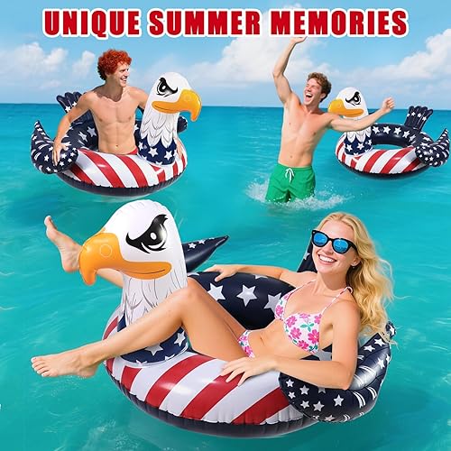 Miniatura 4 de Flotadores inflables de piscina de águila, flotadores grandes para el 4 de julio, anillos de tubo de natación, diseño de bandera estadounidense,