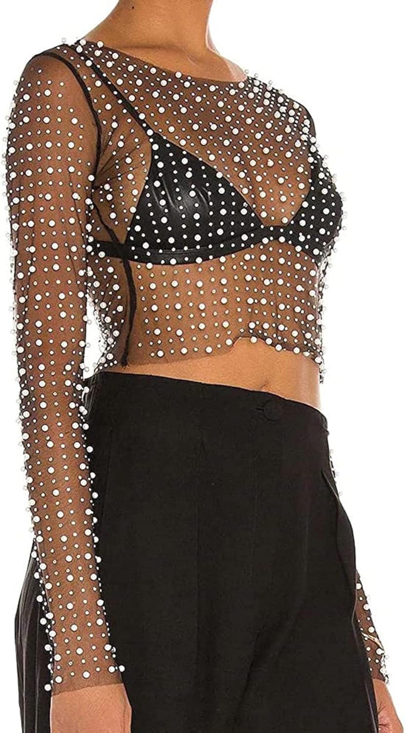 Women's Pearl Rhinestone See Through Long Sleeve Mesh Blouse One Piece Cover Up Crop Tops - Image 3