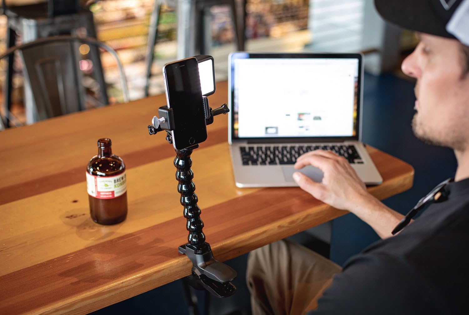 Livestream Gear® - Desk Clamp Setup with Dimmable LED Light for Live Stream, Videos, or YouTube. Fits Larger Sized Devices, and Dimmable LED Light to Adjust Brightness. (Clamp w/Md. Holder)