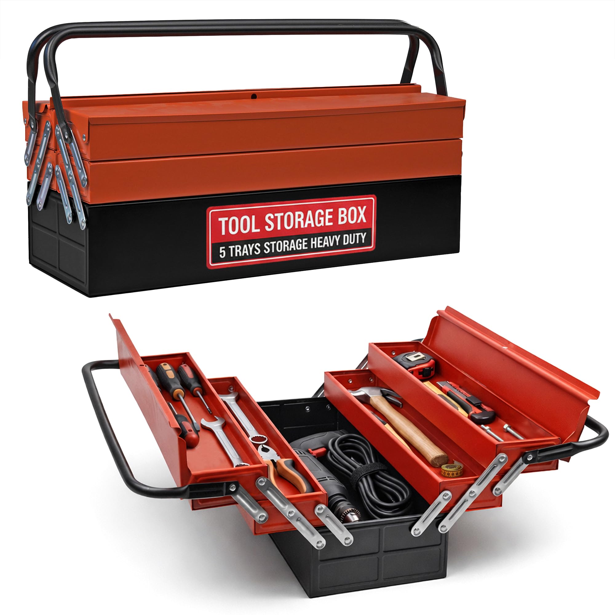 Crystals 3 Tiers - 5 Trays Metal Tool Box, Cantilever Organiser Storage Box for Garage Home Tools, Toolbox - Red (56 x 30 x 20cm)