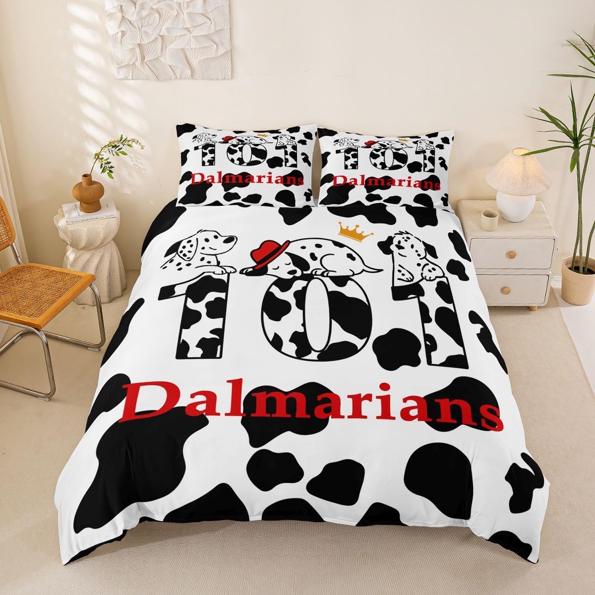 Juego de Funda de edredón para niños, diseño de Animales dálmatas, tamaño Individual, Color Negro, Blanco, para Mascotas, Patas de Perro, Reversible, Adorable