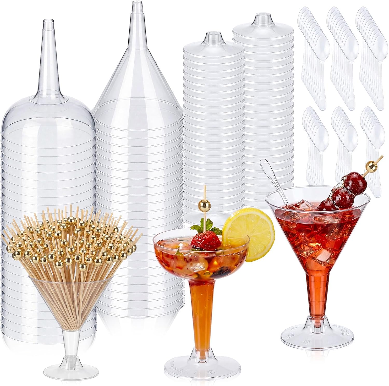 50 Set Plastic Martini Glasses for New Year's Party with Cocktail Sticks and Spoon Disposable Cocktail Glasses Ice Cream Dessert Cups for Appetizer, Weddings, Christmas Party (Disc,Cone)